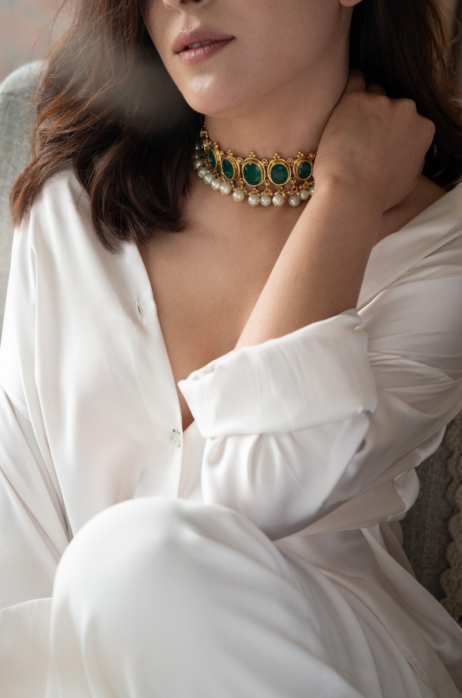 Green Jade Pearls Choker Set - Dyulokha