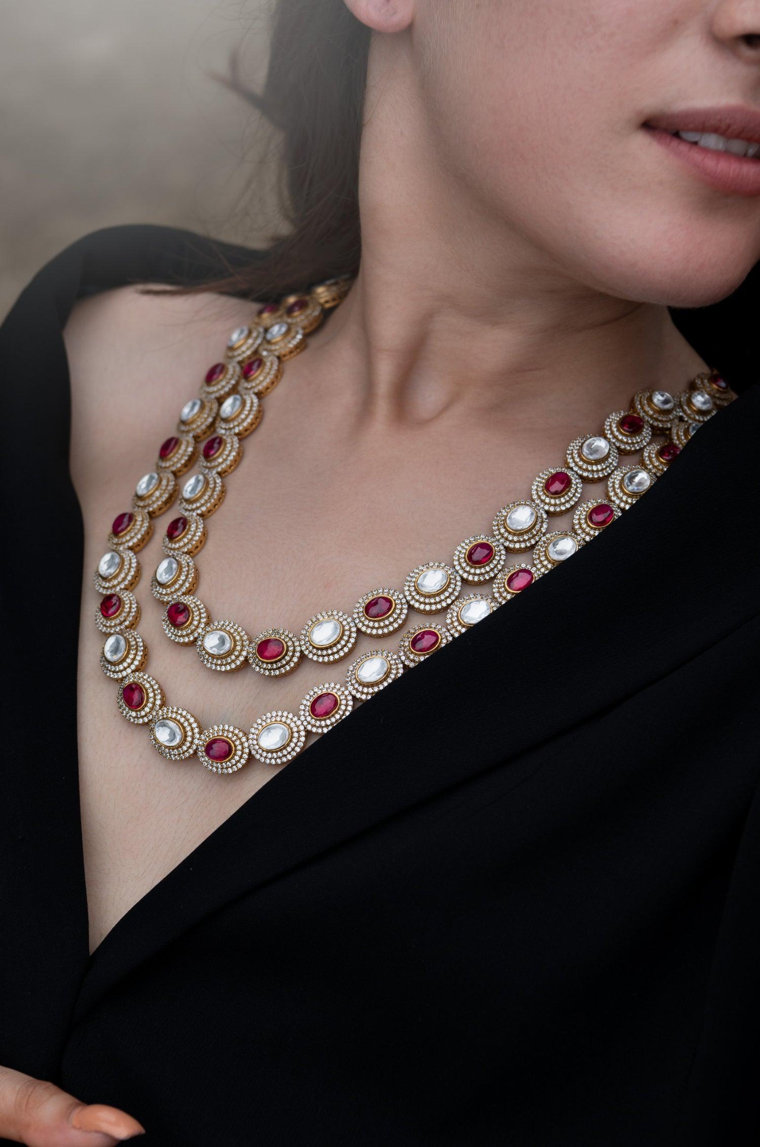 Crimson Polki Cascade Necklace Set - Dyulokha