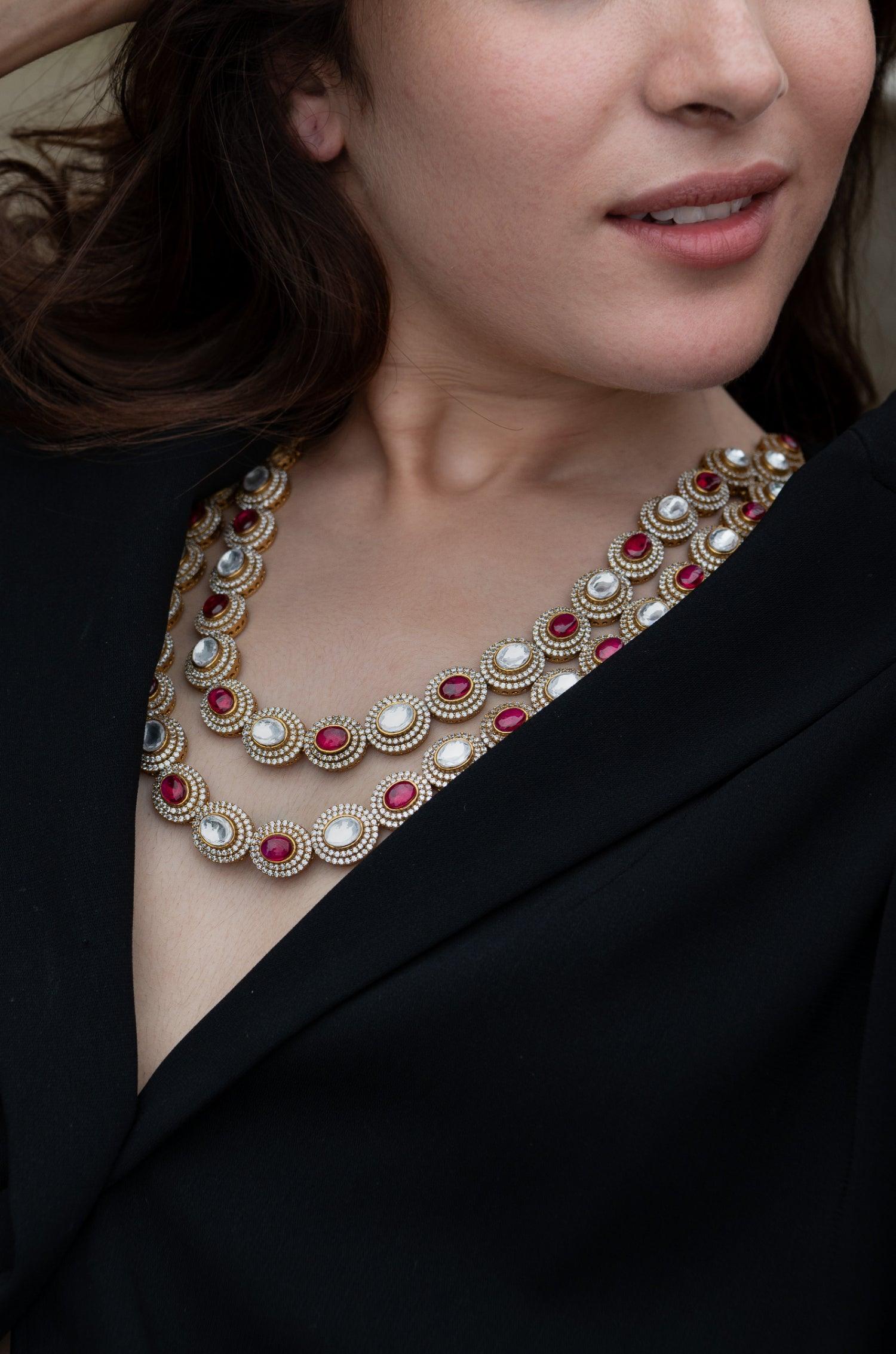 Crimson Polki Cascade Necklace Set - Dyulokha