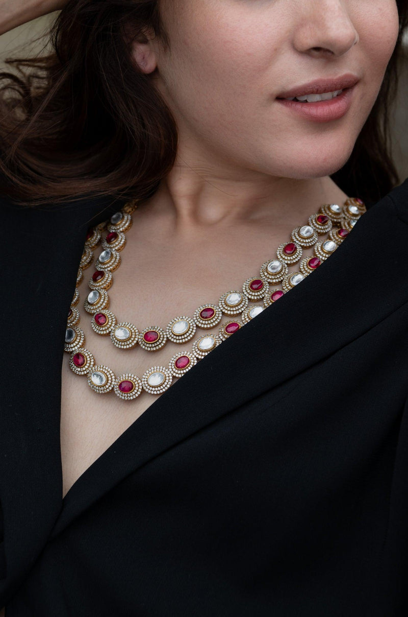 Crimson Polki Cascade Necklace Set - Dyulokha