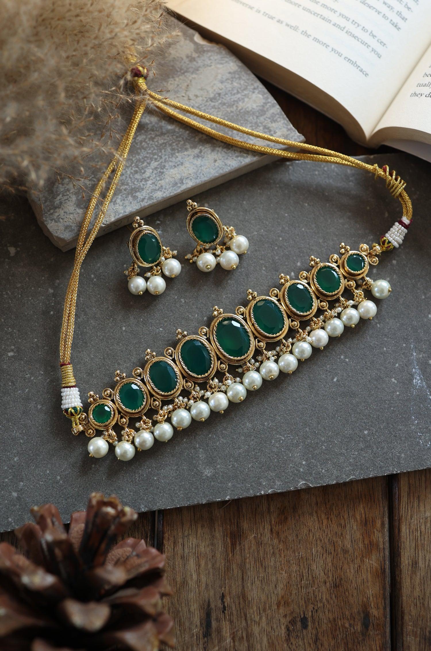 Green Jade Pearls Choker Set - Dyulokha