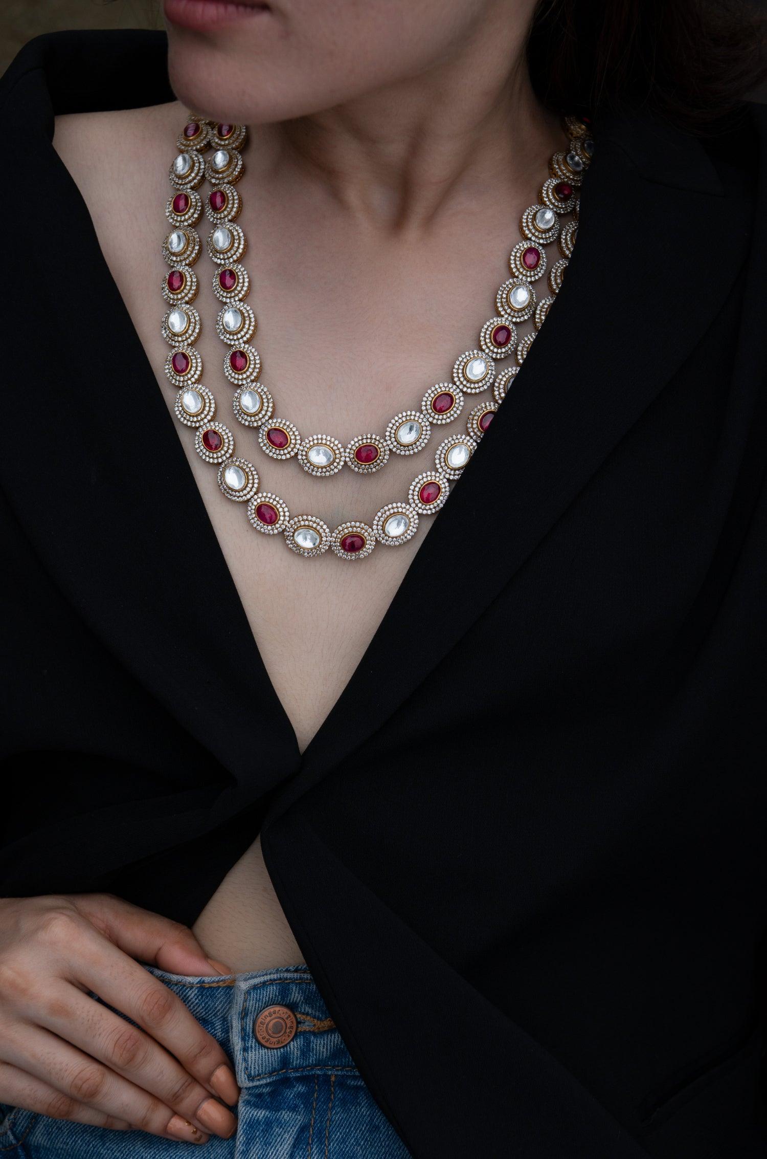 Crimson Polki Cascade Necklace Set - Dyulokha