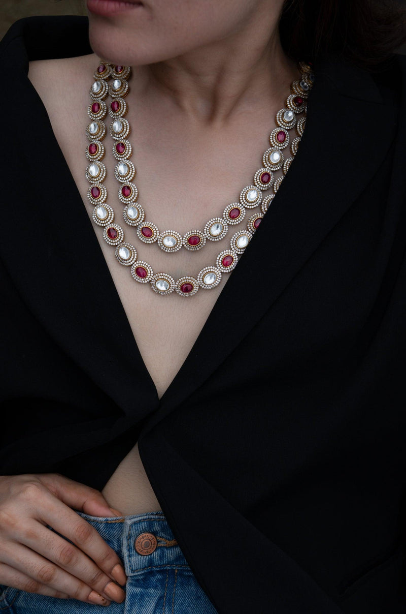Crimson Polki Cascade Necklace Set - Dyulokha