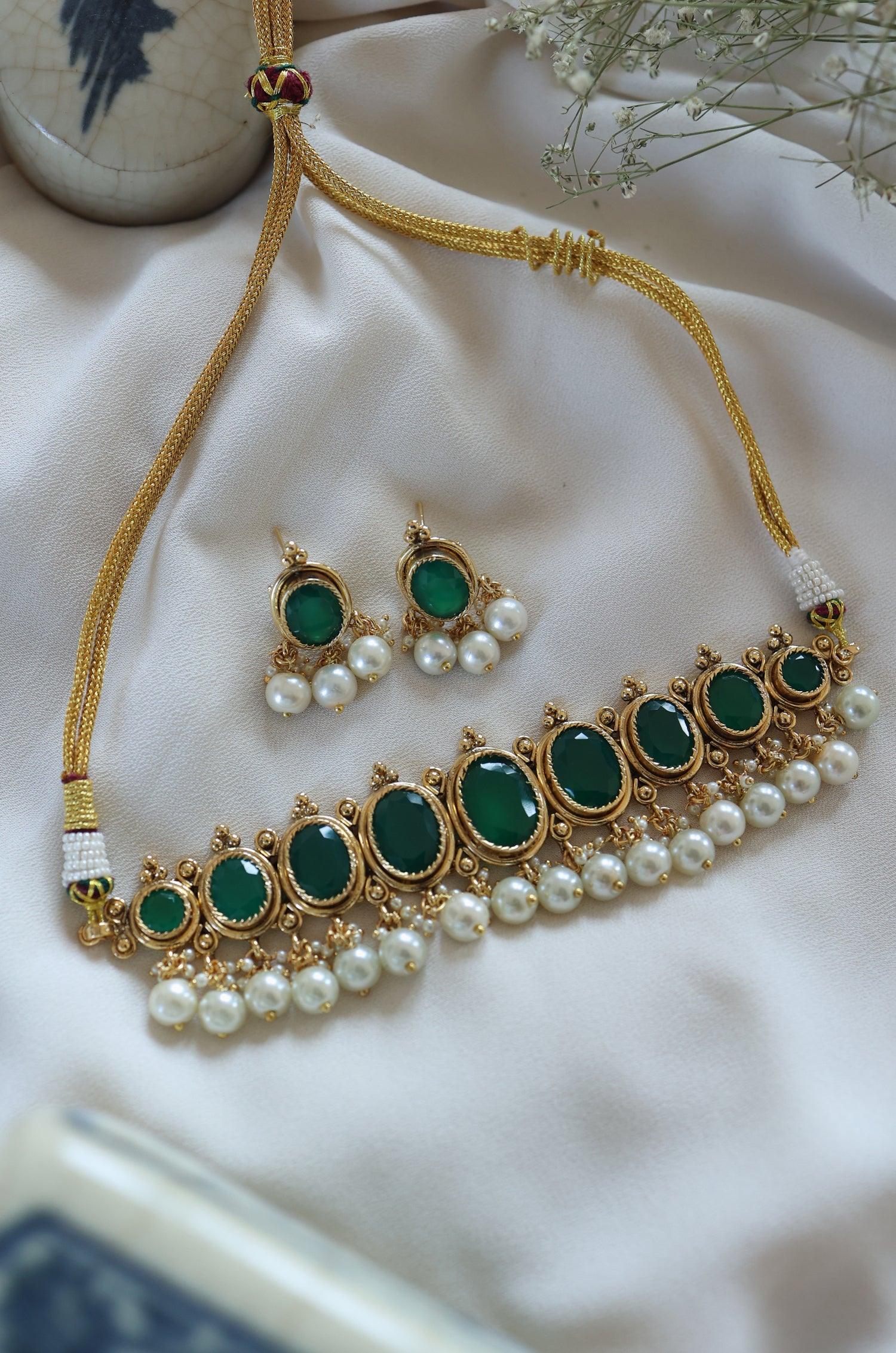 Green Jade Pearls Choker Set - Dyulokha