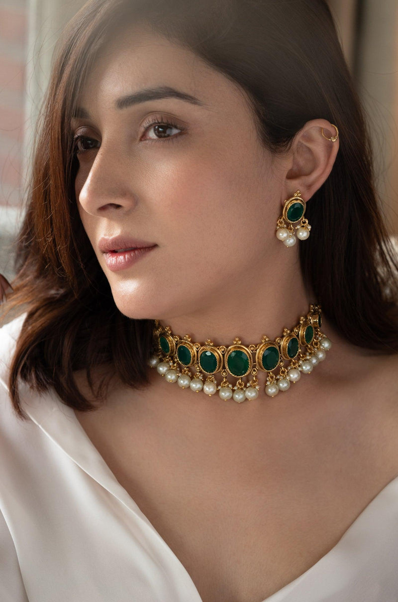 Green Jade Pearls Choker Set - Dyulokha