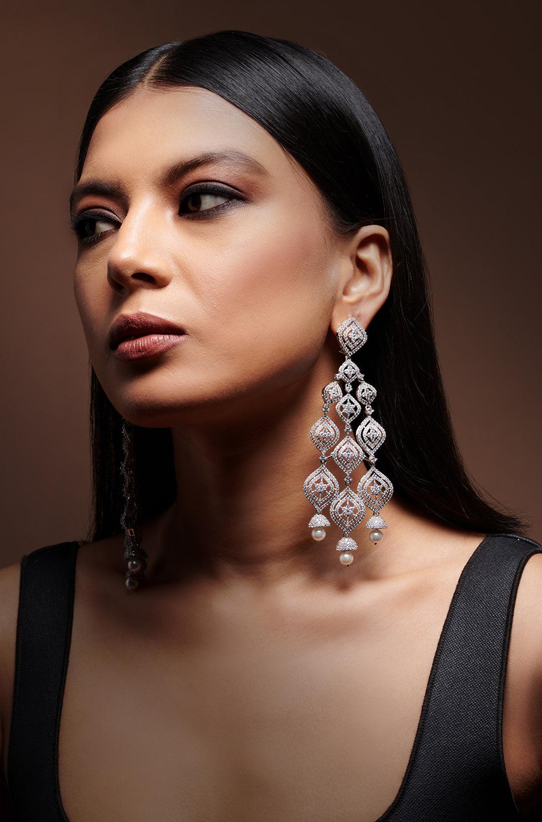 Pearl Dropped Long Diamond Earrings - Dyulokha
