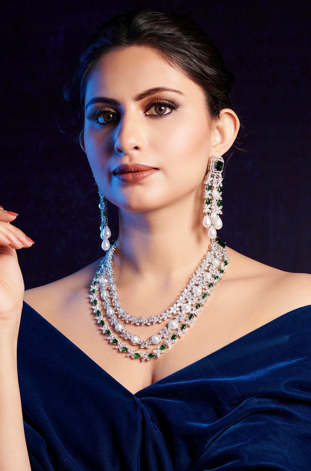 Emerald Elegance Layered Diamond Necklace Set - Dyulokha