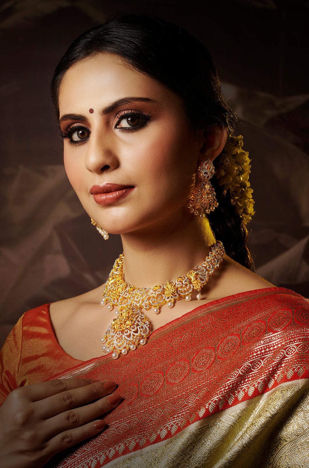 Golden Serenity CZ Temple Necklace Set - Dyulokha