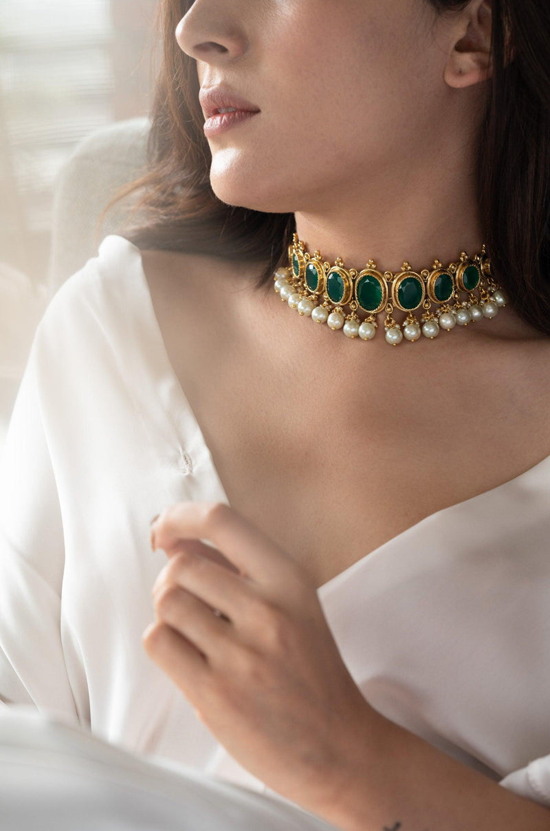 Green Jade Pearls Choker Set - Dyulokha