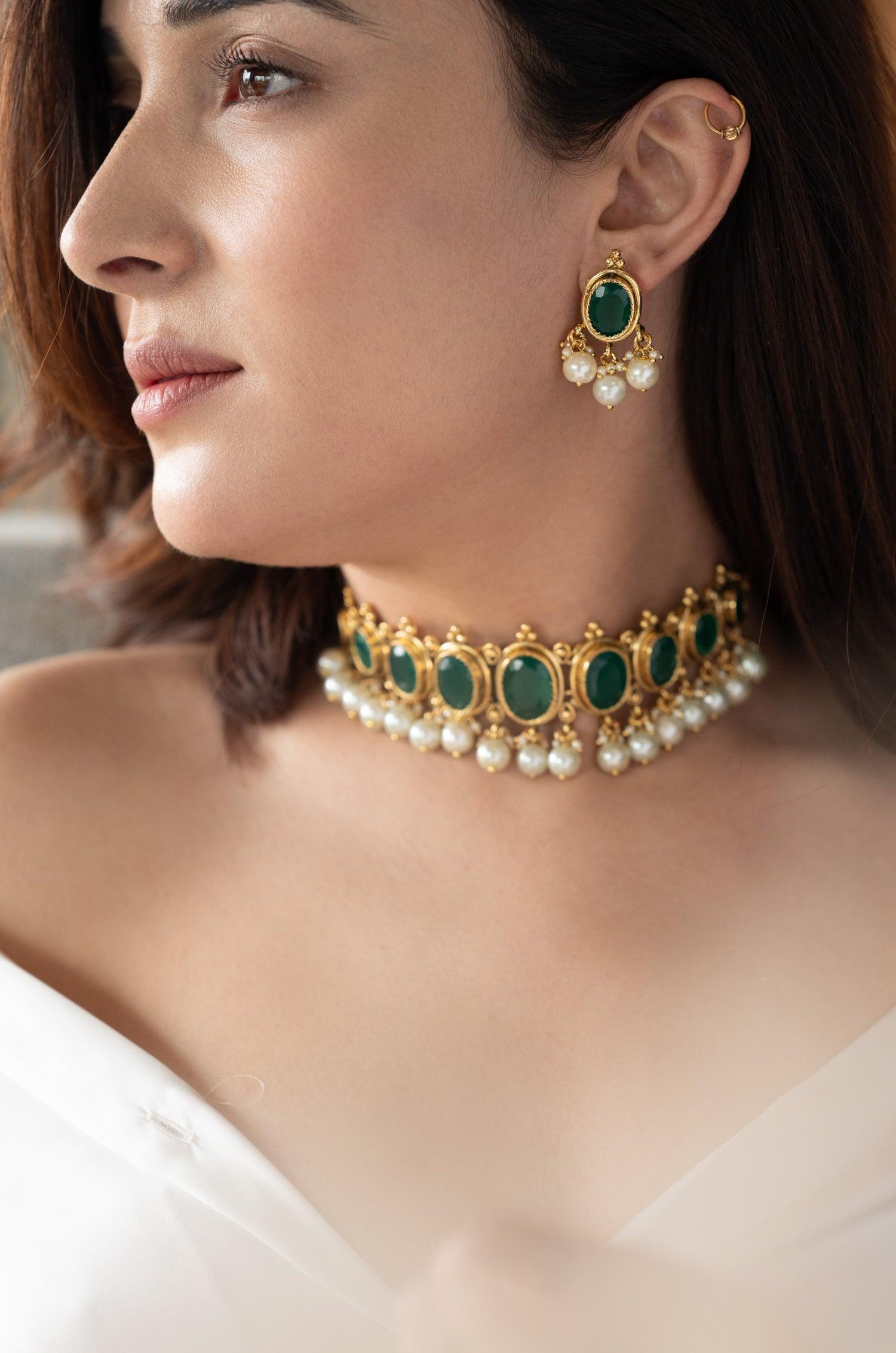 Green Jade Pearls Choker Set - Dyulokha