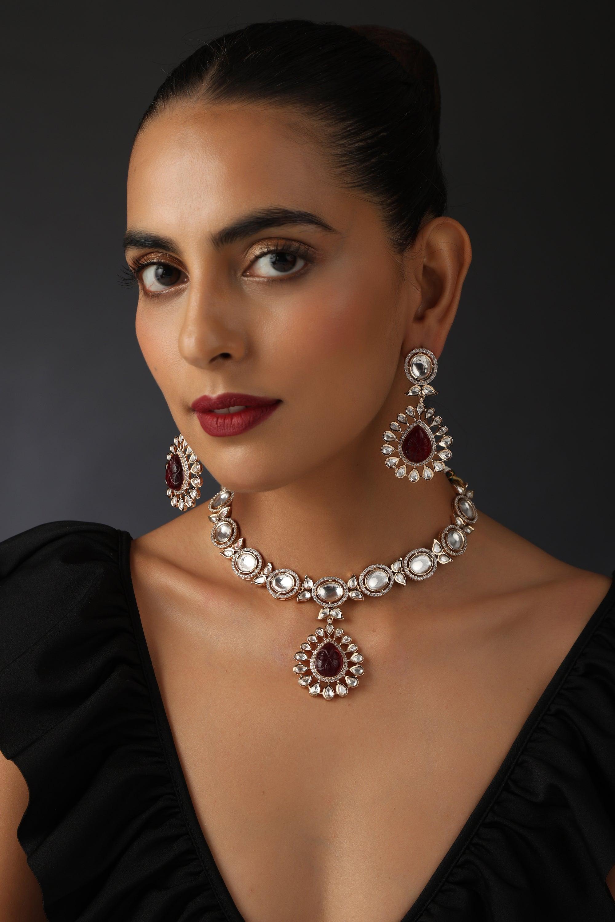 Crimson Blaze Polki Necklace Set - Dyulokha