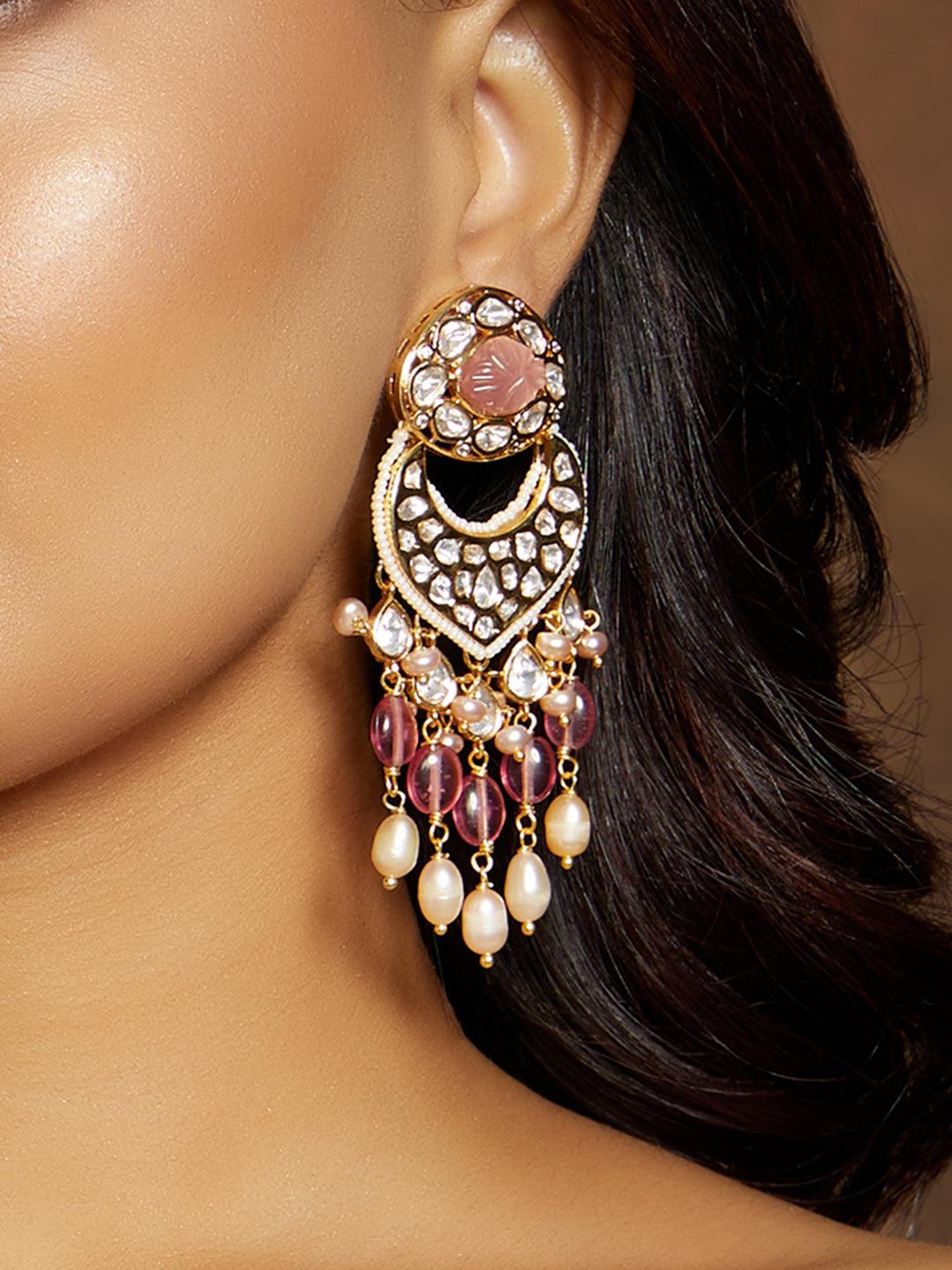 Elegant Pink Ensemble Polki Earrings - Dyulokha