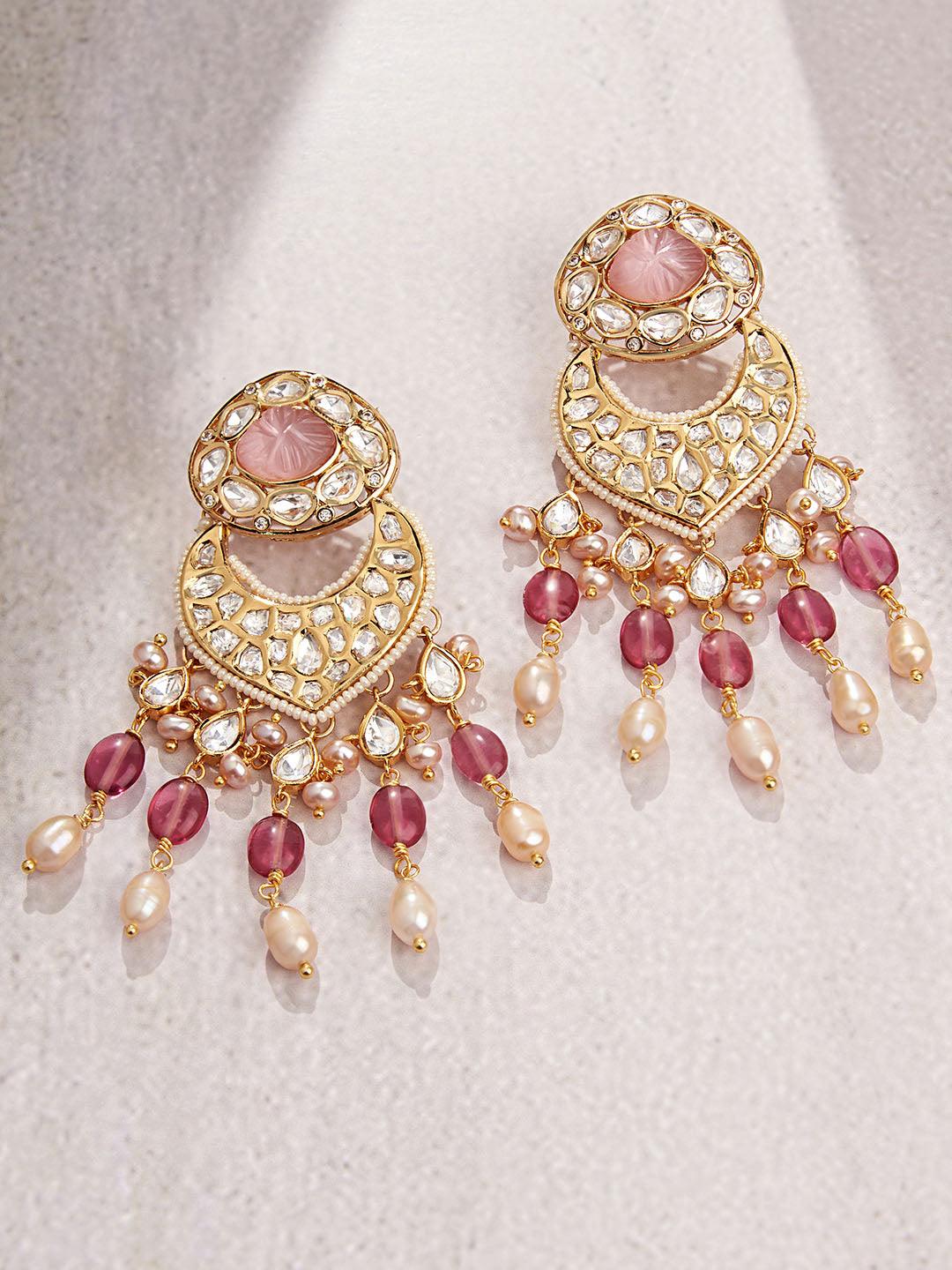 Elegant Pink Ensemble Polki Earrings - Dyulokha