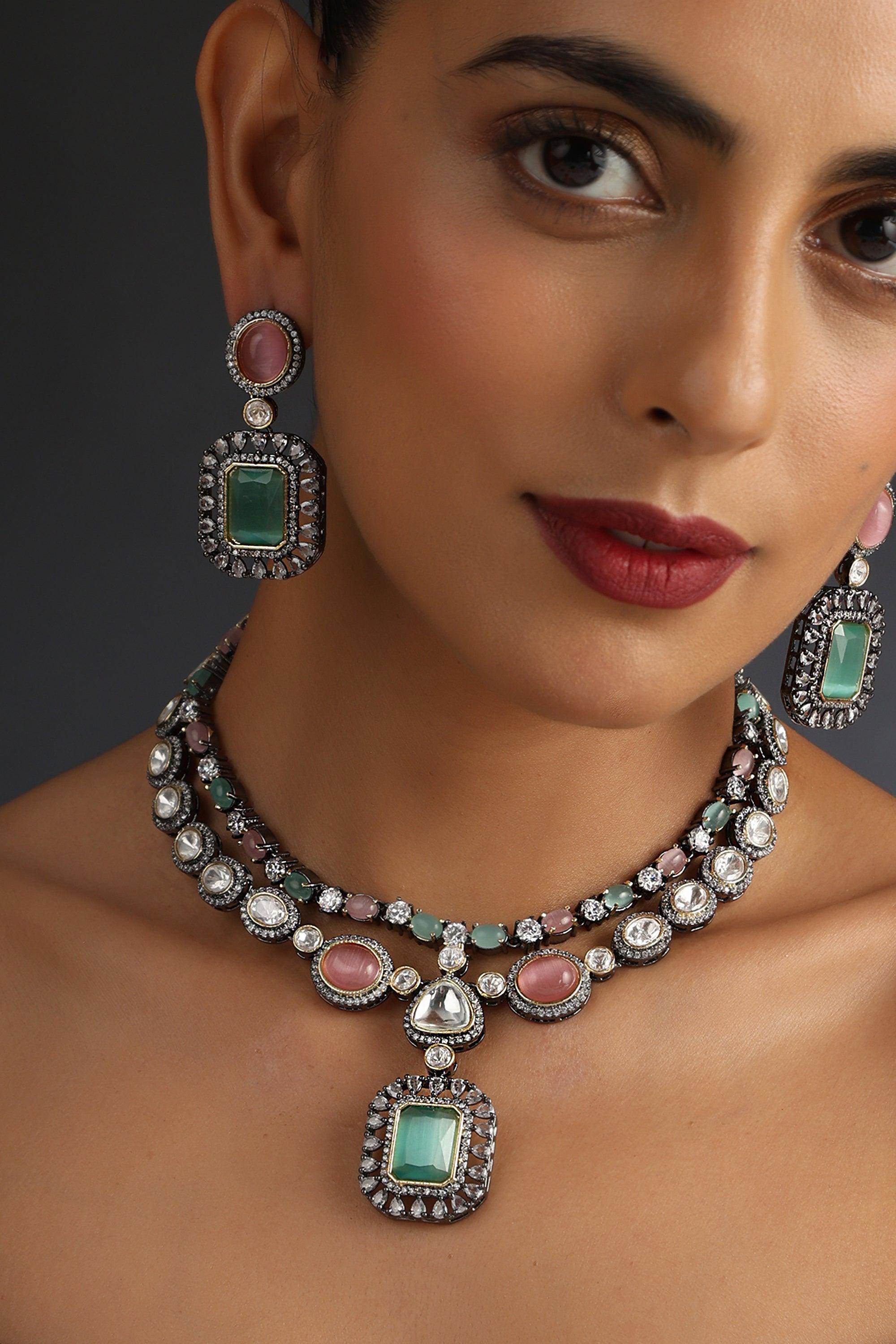 Pink & Mint Silver Polki Necklace Set - Dyulokha