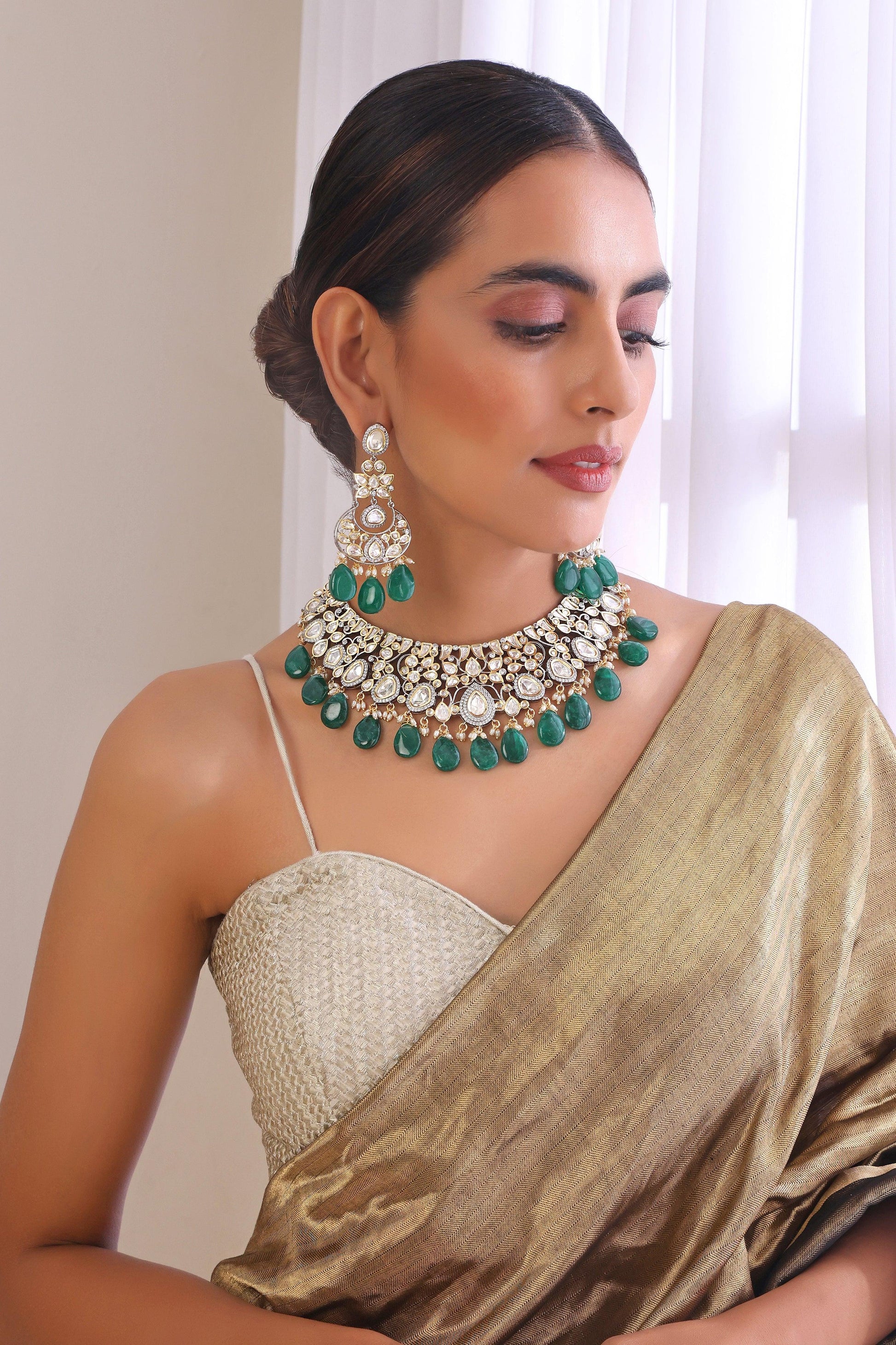 Emerald Glitter Polki Necklace Set - Dyulokha