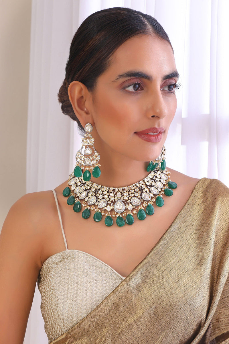 Emerald Glitter Polki Necklace Set - Dyulokha