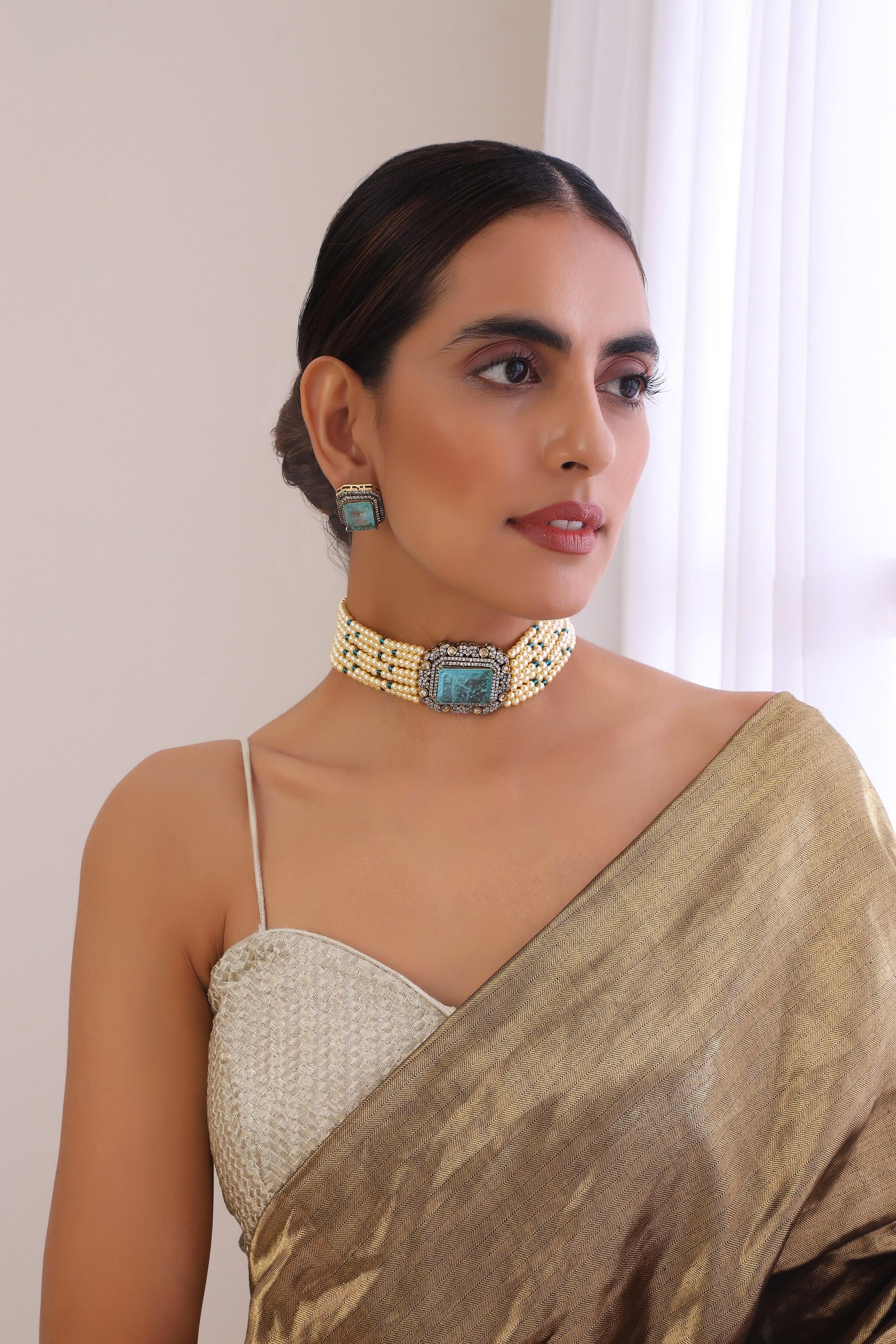 Sapphire Splendor Victorian Polki Necklace Set - Dyulokha