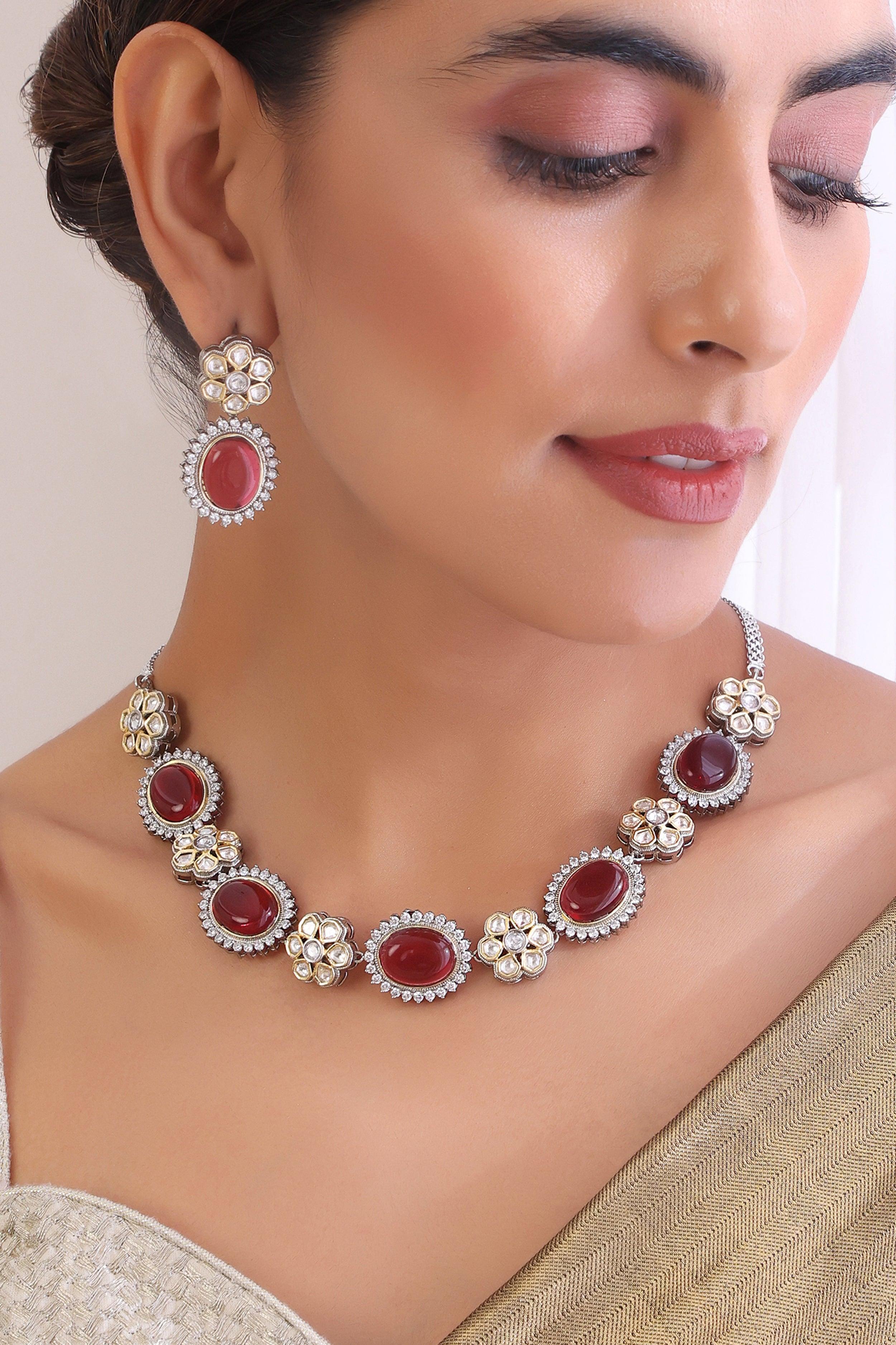 Crimson Charisma Polki Necklace Set - Dyulokha