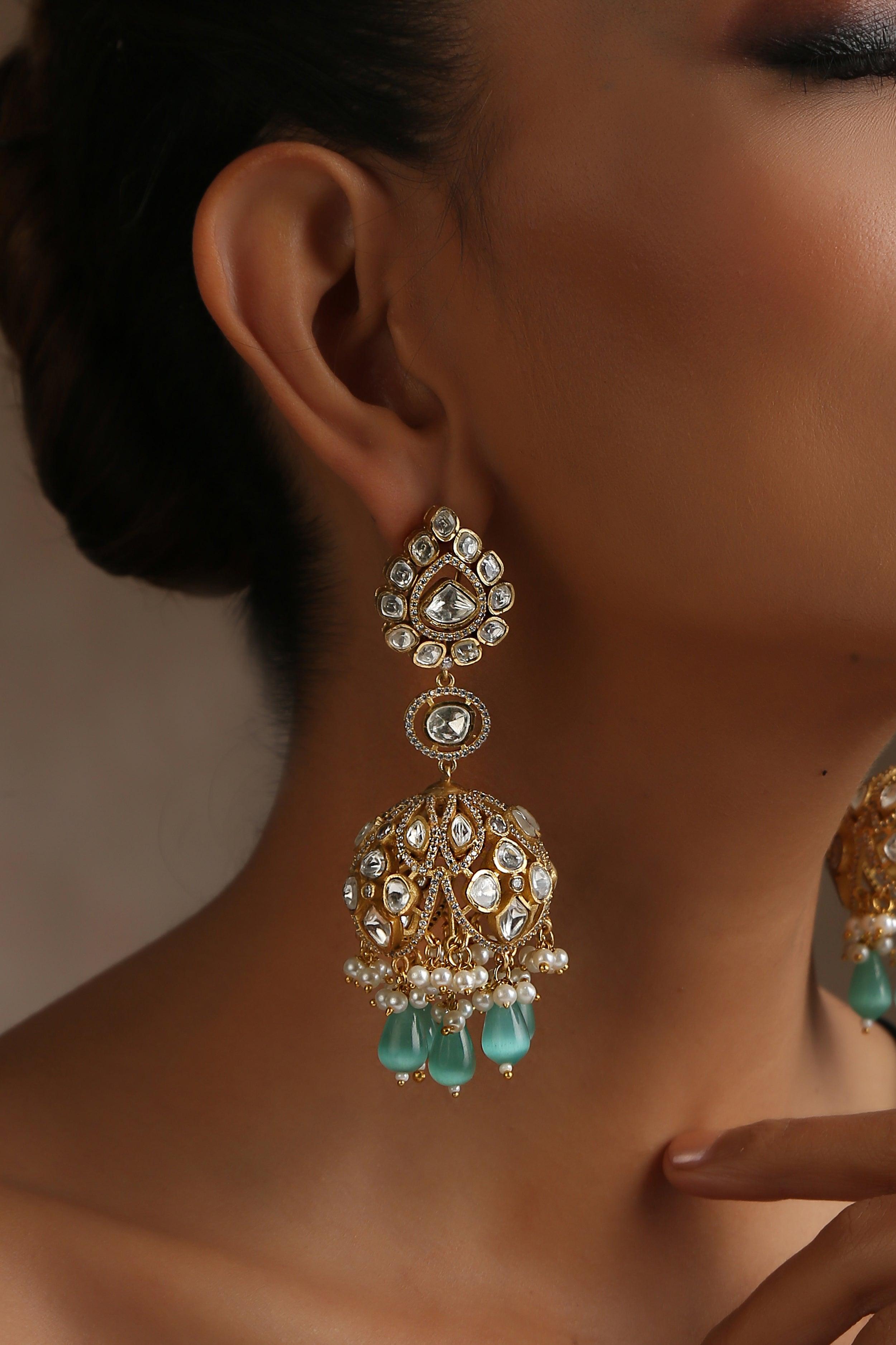 Minty Sparkle Jhumka Earrings - Dyulokha