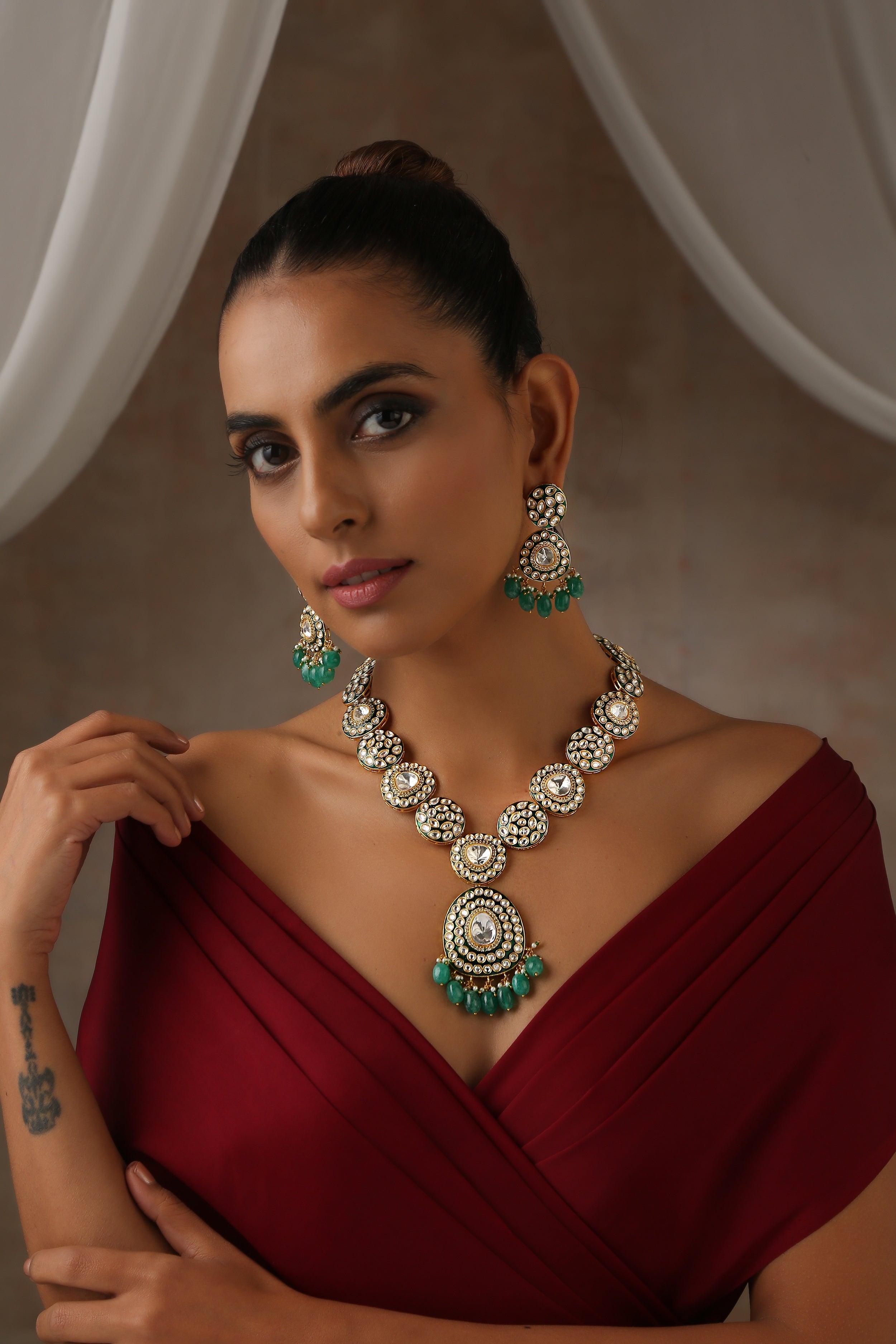 Emerald Moissanite Long Necklace Set - Dyulokha