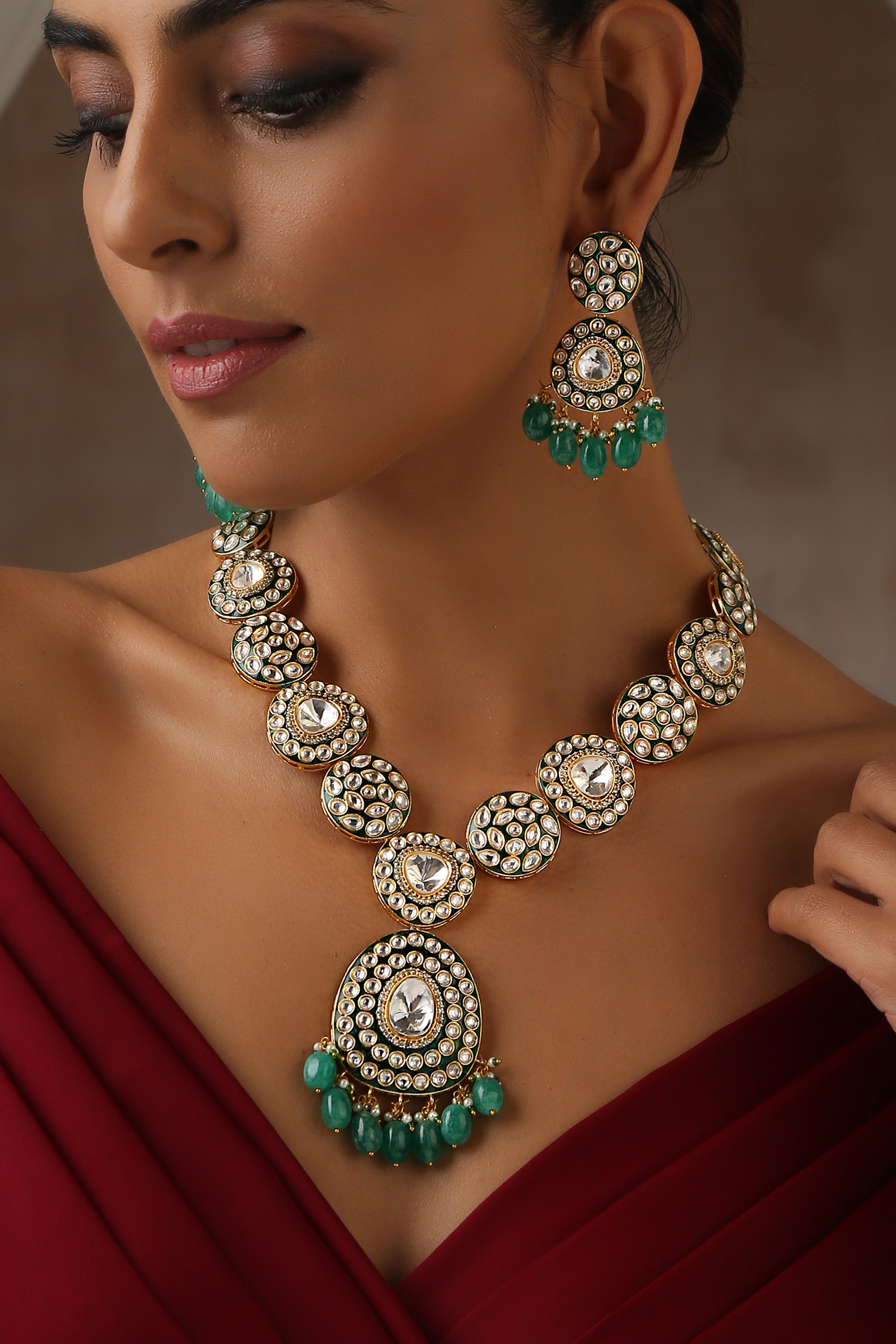 Emerald Moissanite Long Necklace Set
