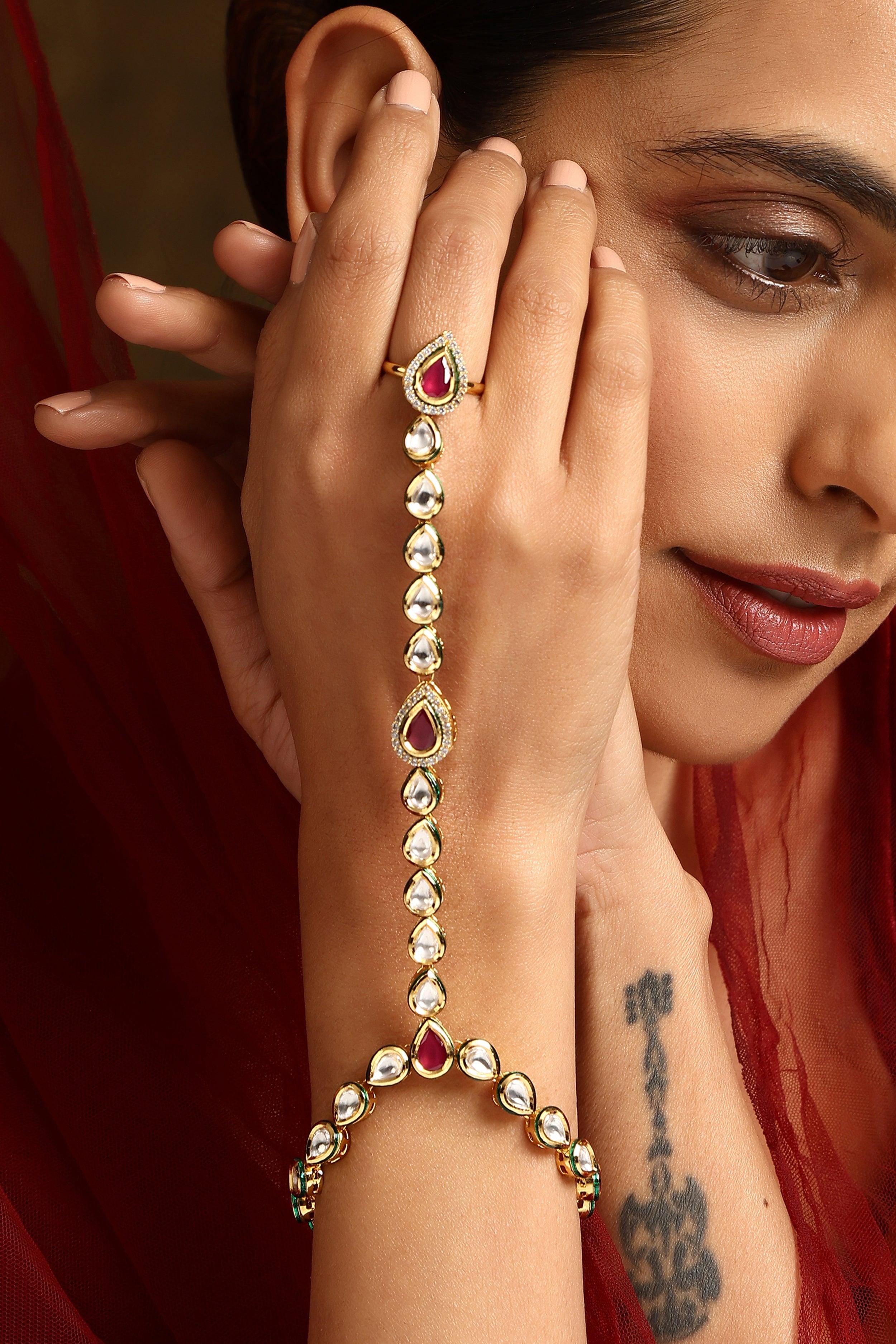 Crimson Charm Kundan Hathphool - Dyulokha