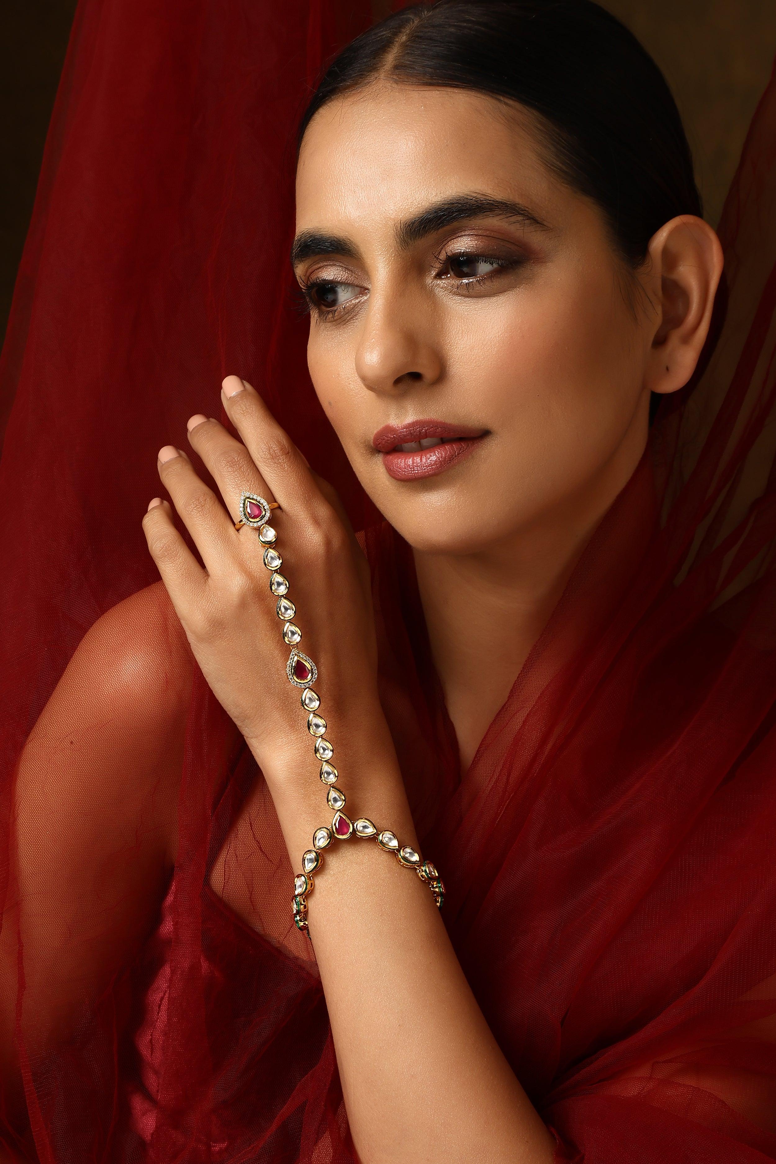 Crimson Charm Kundan Hathphool - Dyulokha