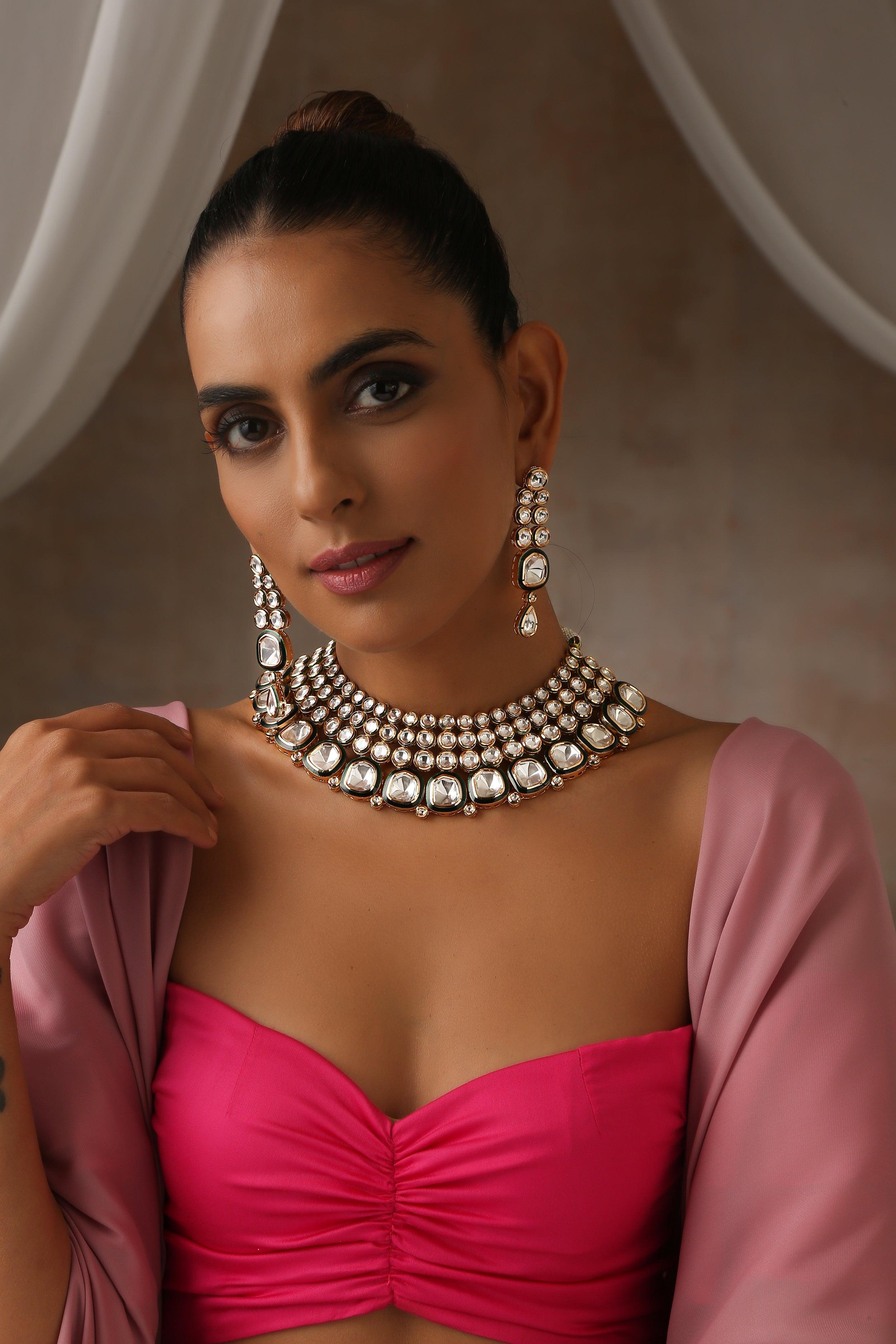 Golden Sparkle Moissanite Polki Necklace Set - Dyulokha