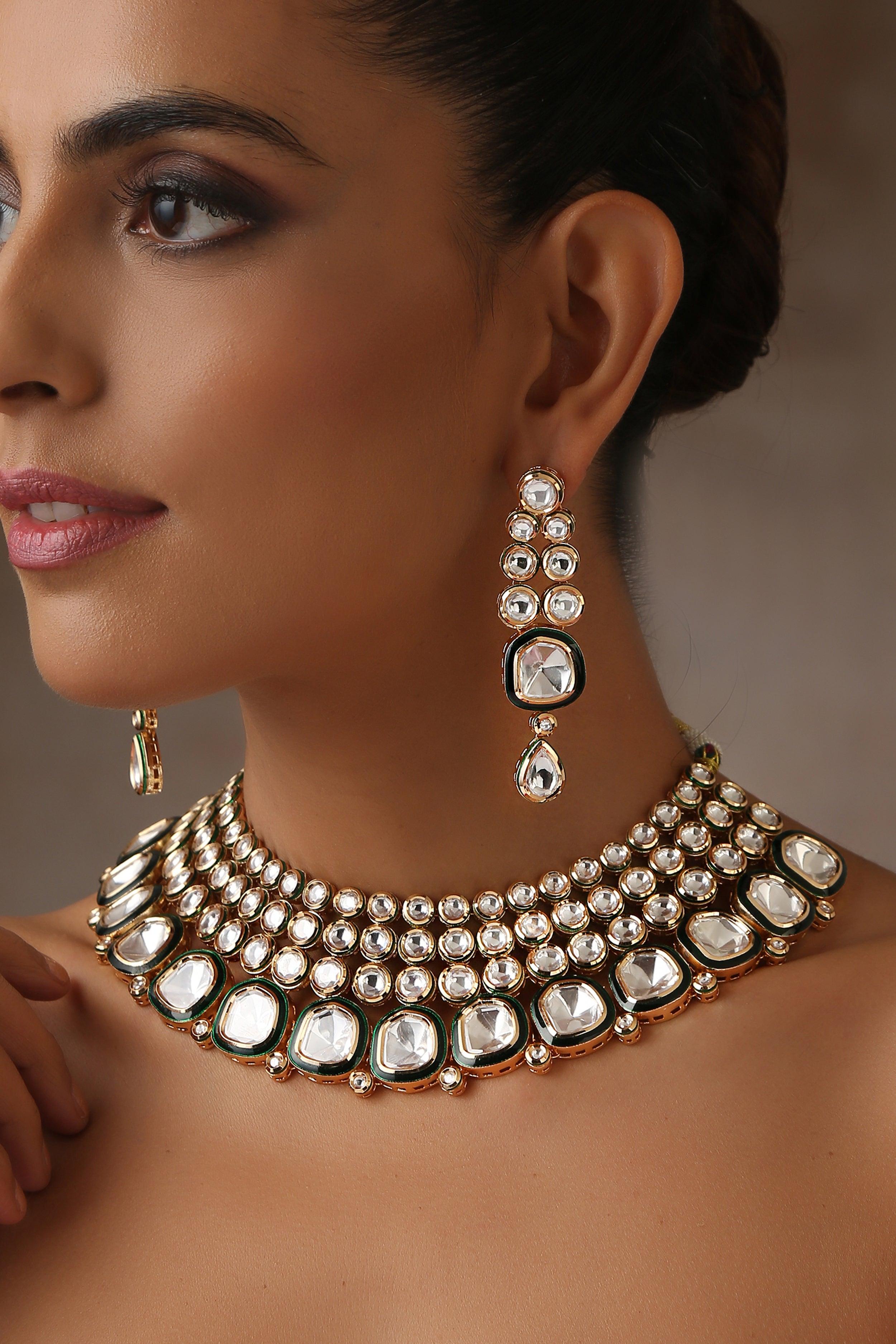 Golden Sparkle Moissanite Polki Necklace Set - Dyulokha