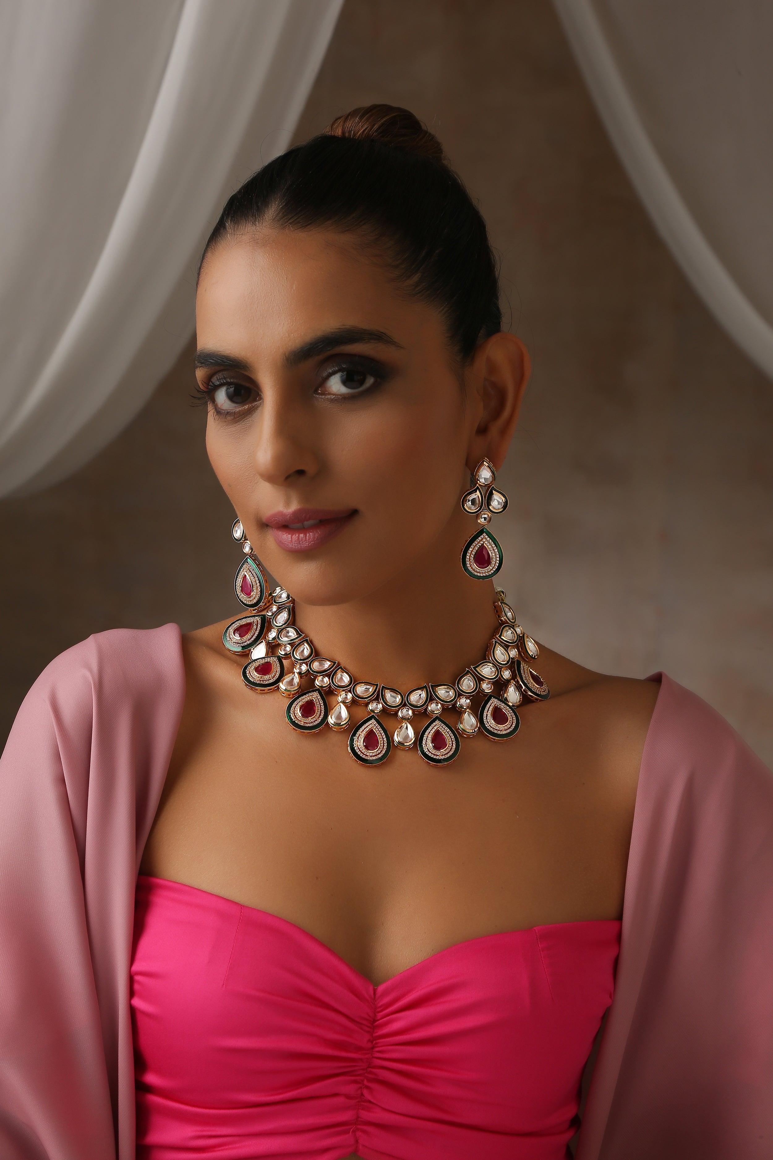 Crimson Charm Polki Necklace Set - Dyulokha