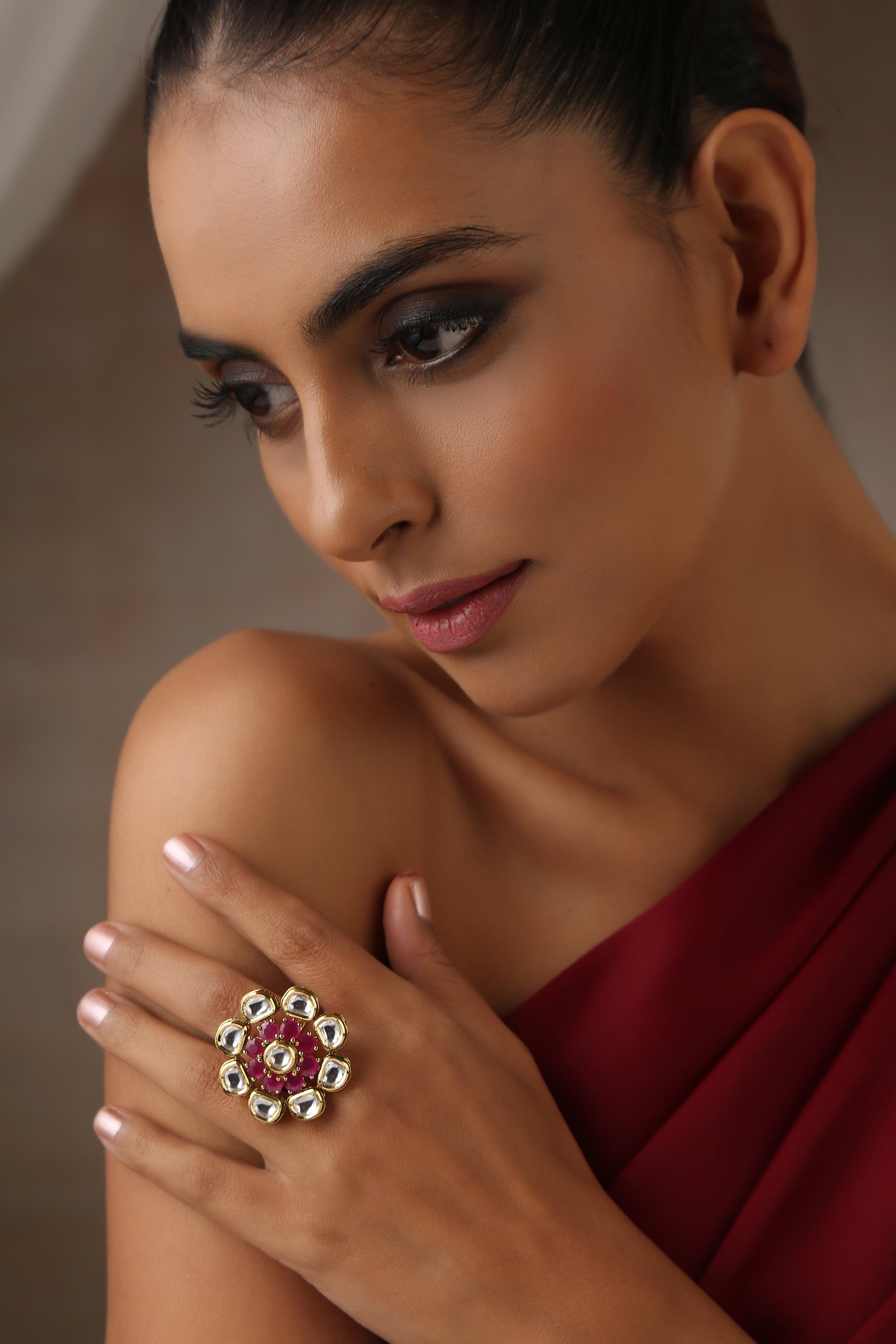 Scarlet Splendor Kundan Ring - Dyulokha