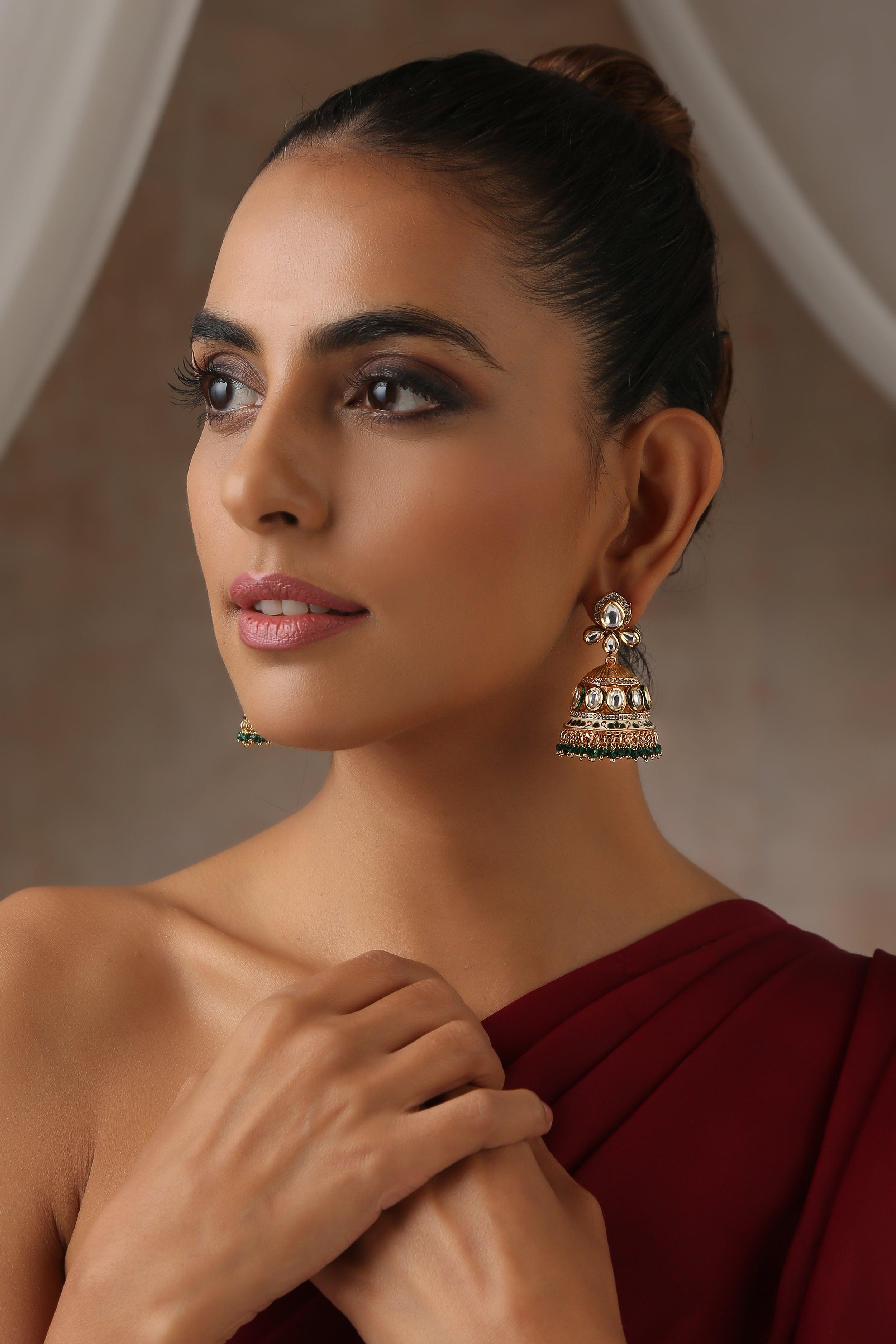 Emerald Gleam Polki Jhumka Earrings - Dyulokha