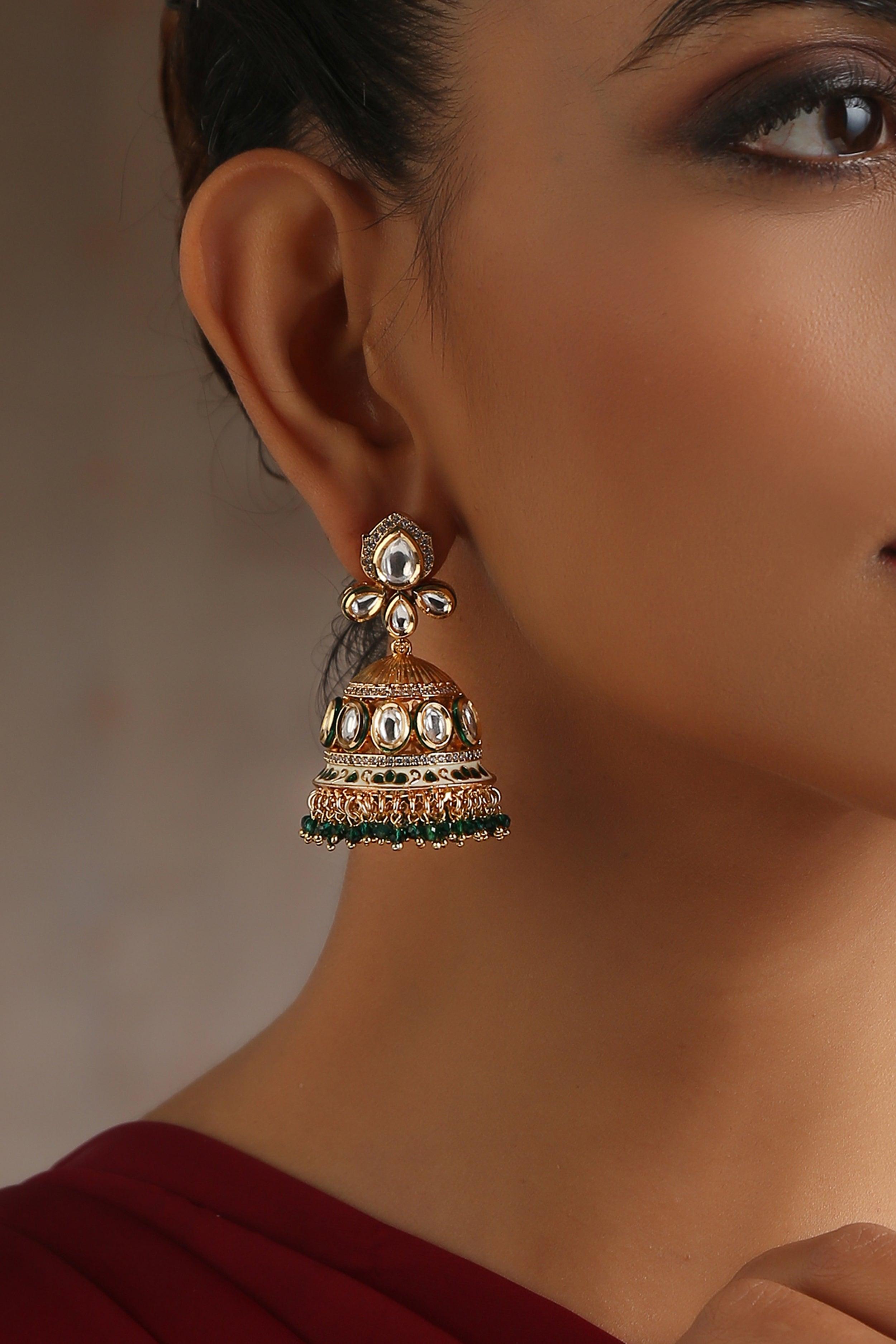 Emerald Gleam Polki Jhumka Earrings - Dyulokha