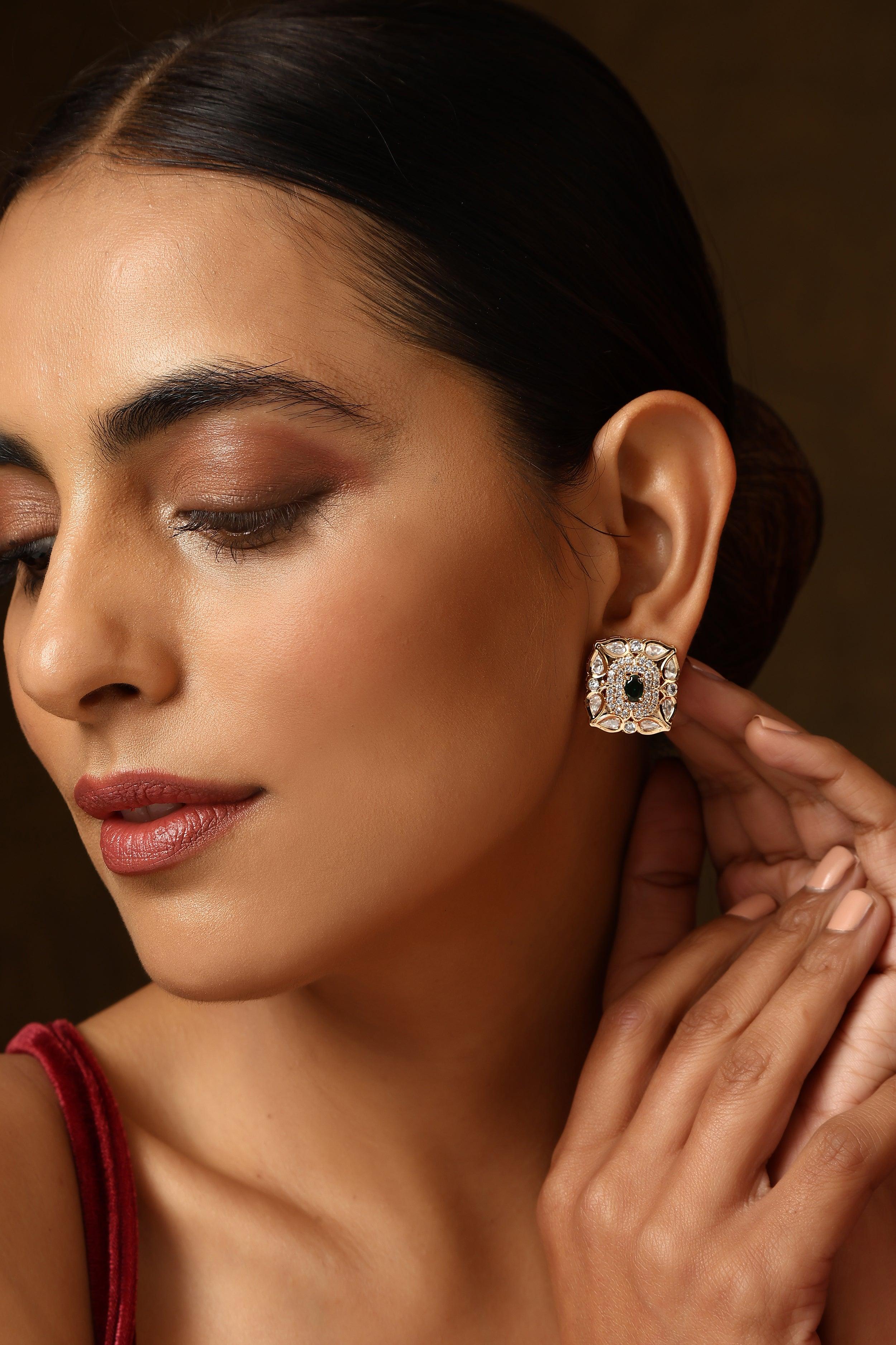 Verdant Glamour Polki Stud Earrings - Dyulokha