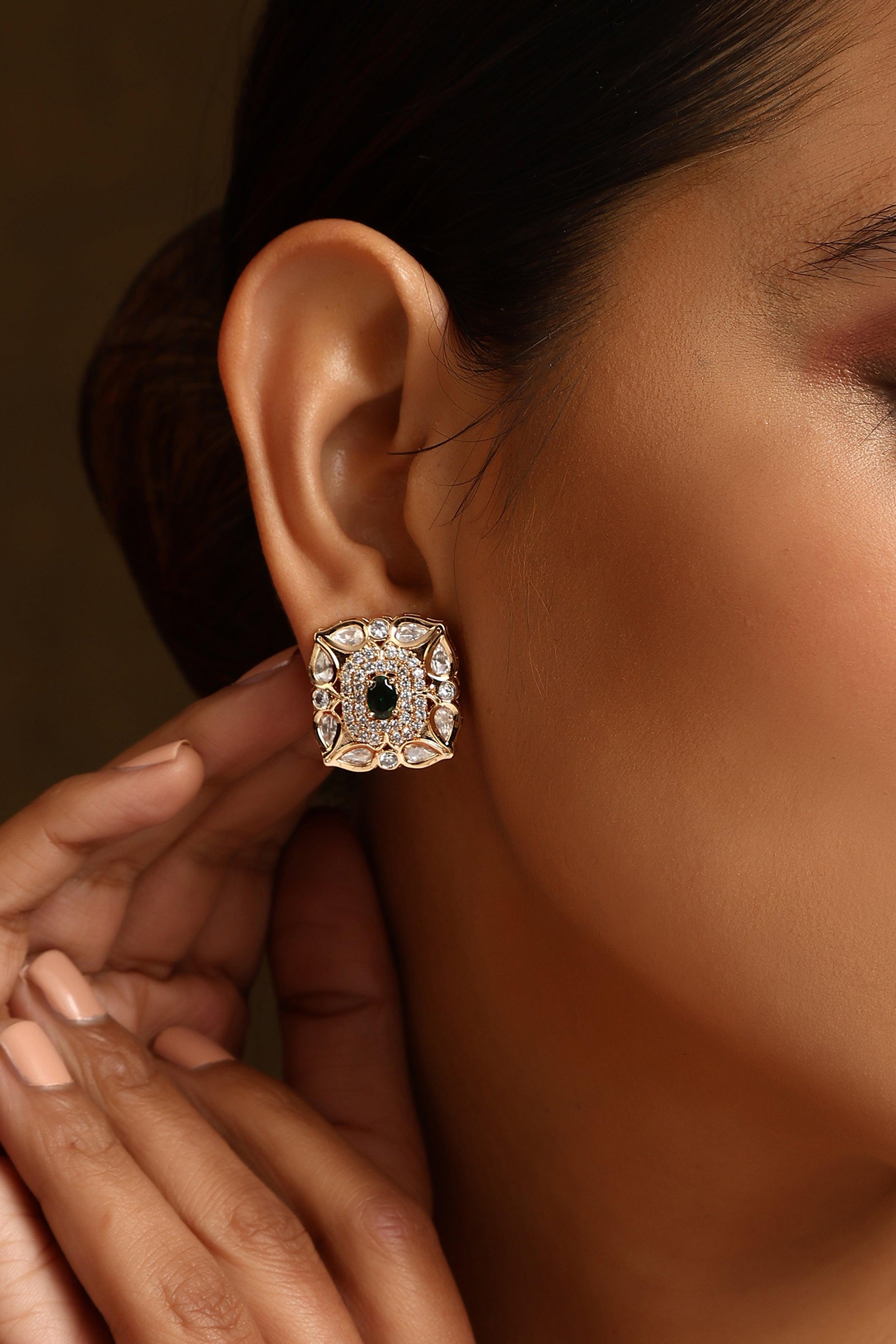 Verdant Glamour Polki Stud Earrings - Dyulokha