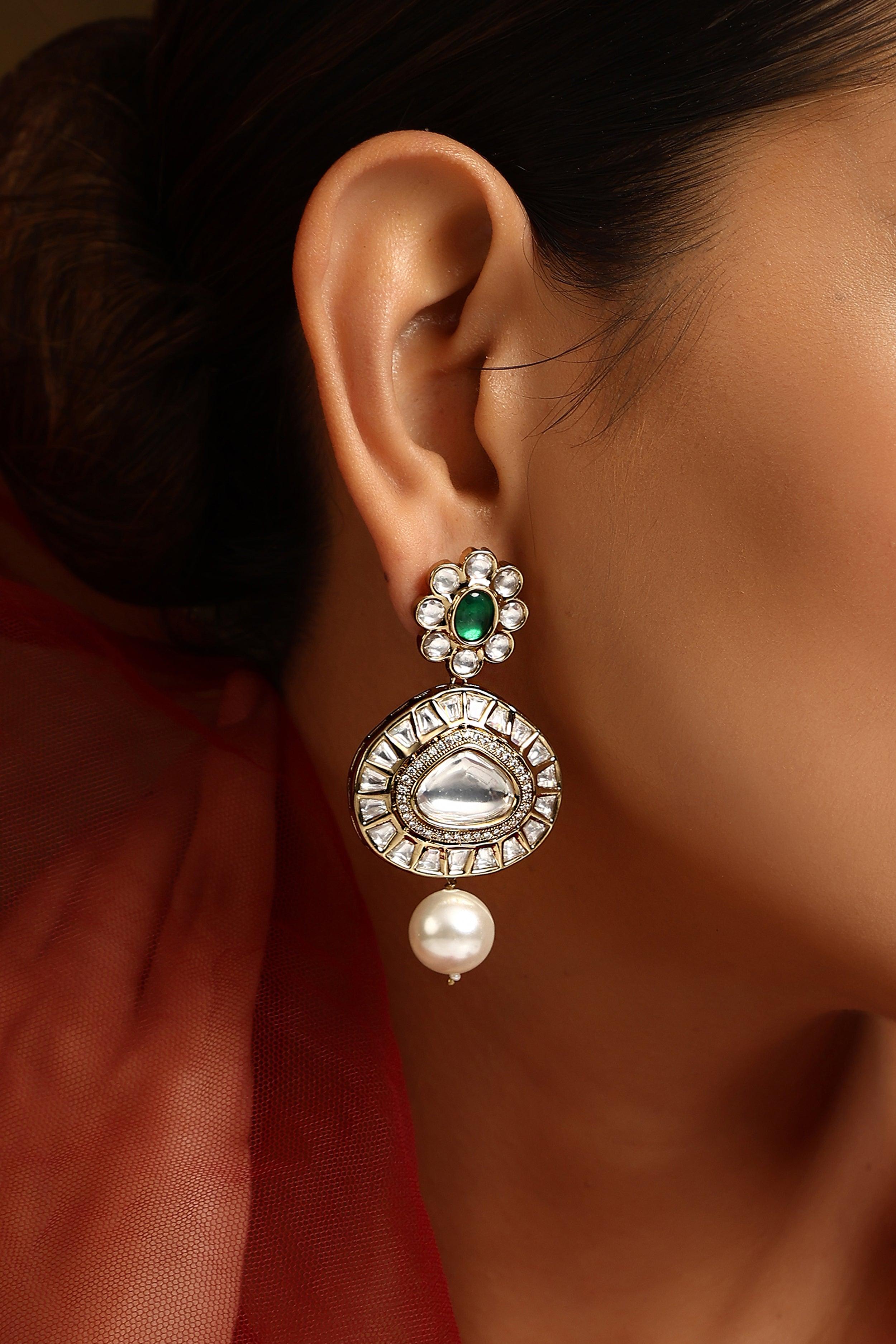 Emerald Cascade Polki Dangler Earrings - Dyulokha