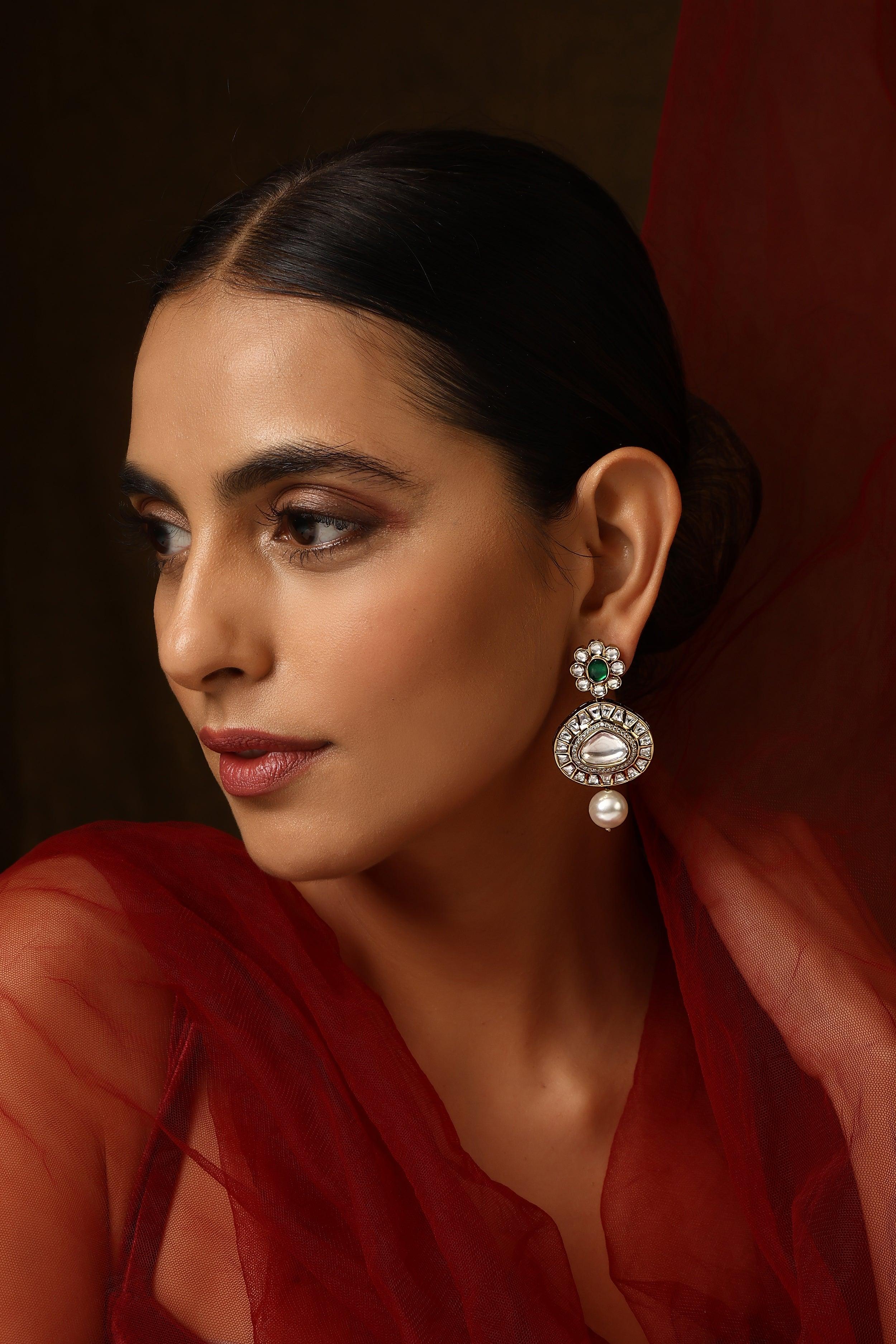 Emerald Cascade Polki Dangler Earrings - Dyulokha