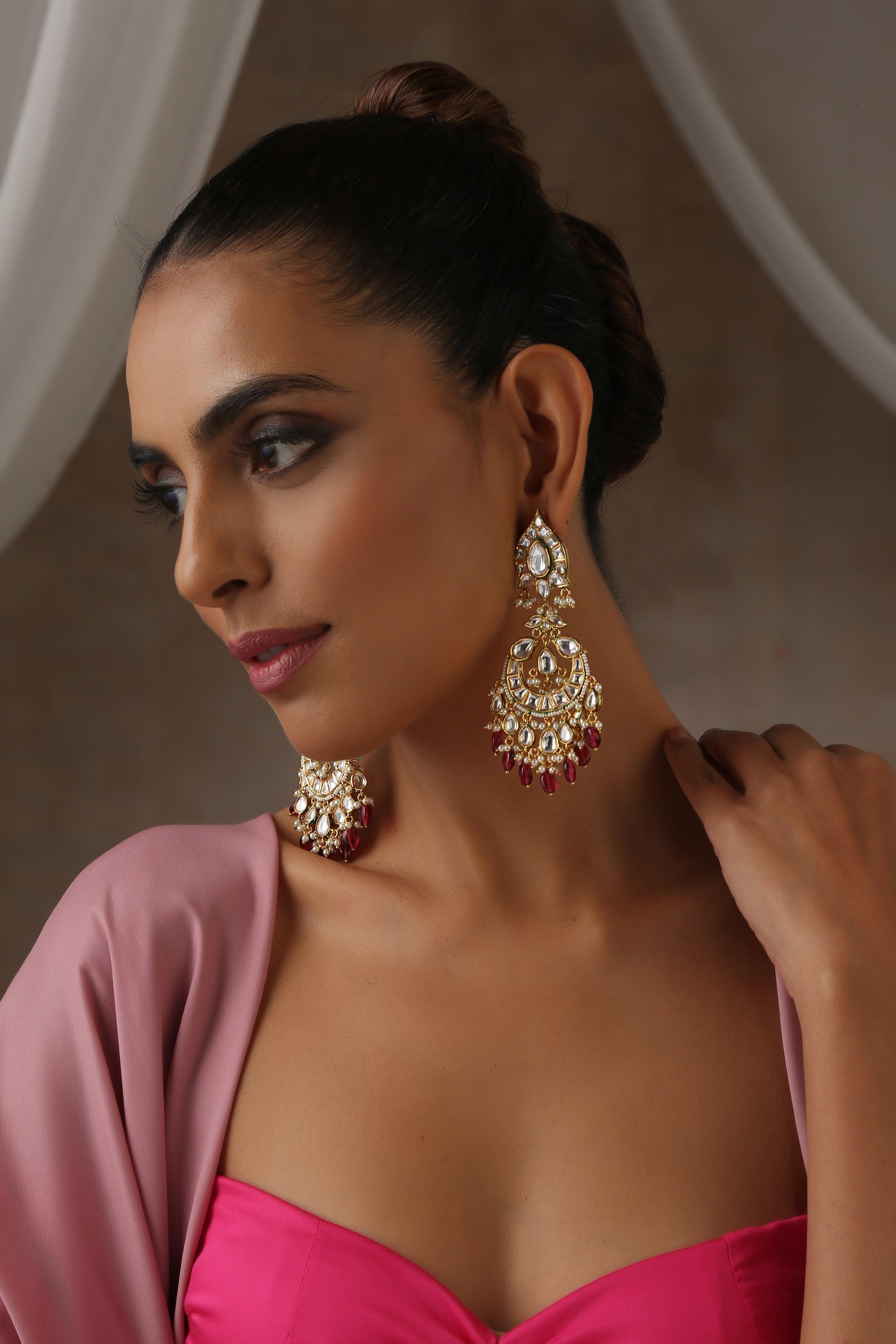 Crimson Sparkle Moissanite Chandbali Earrings - Dyulokha