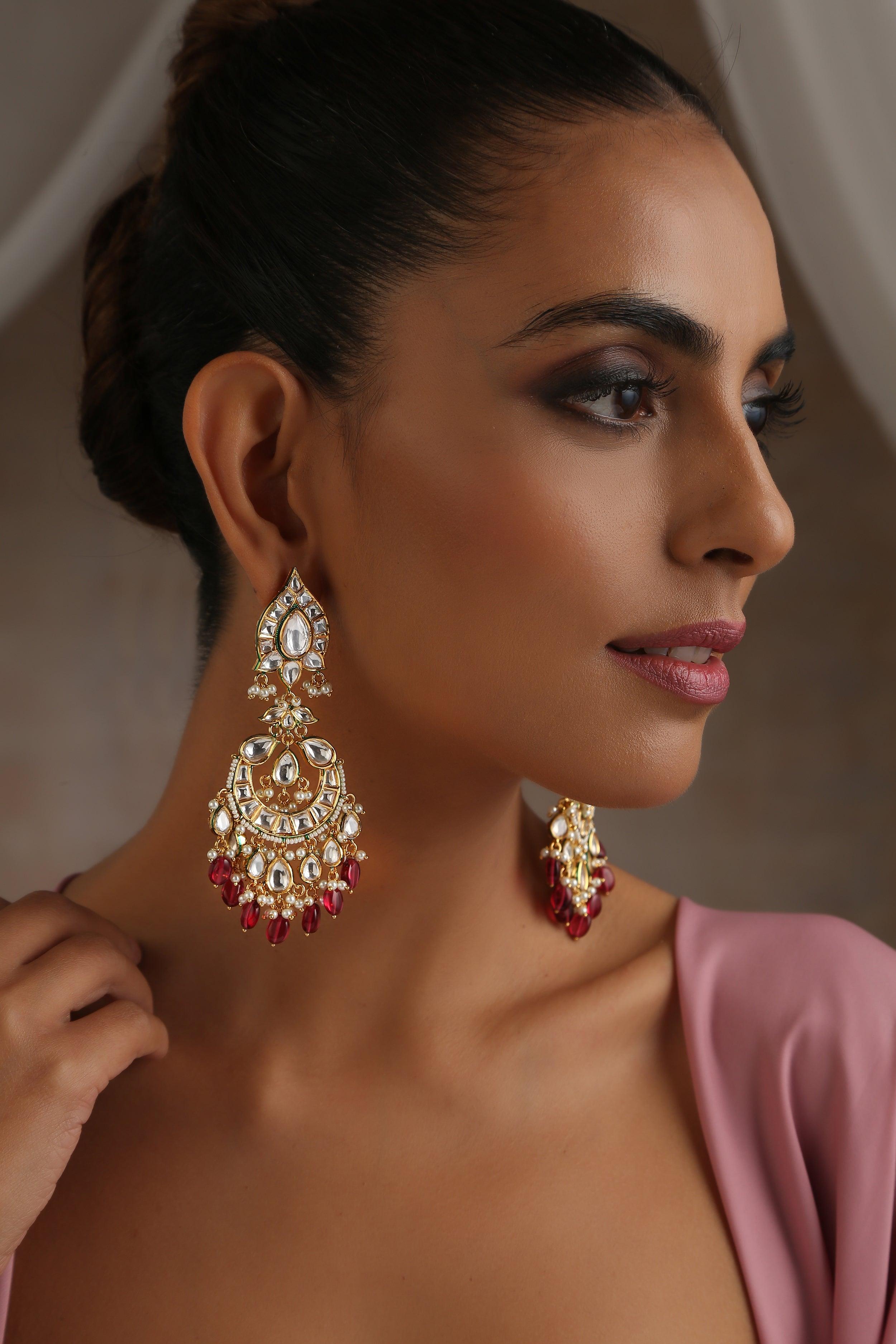 Crimson Sparkle Moissanite Chandbali Earrings - Dyulokha