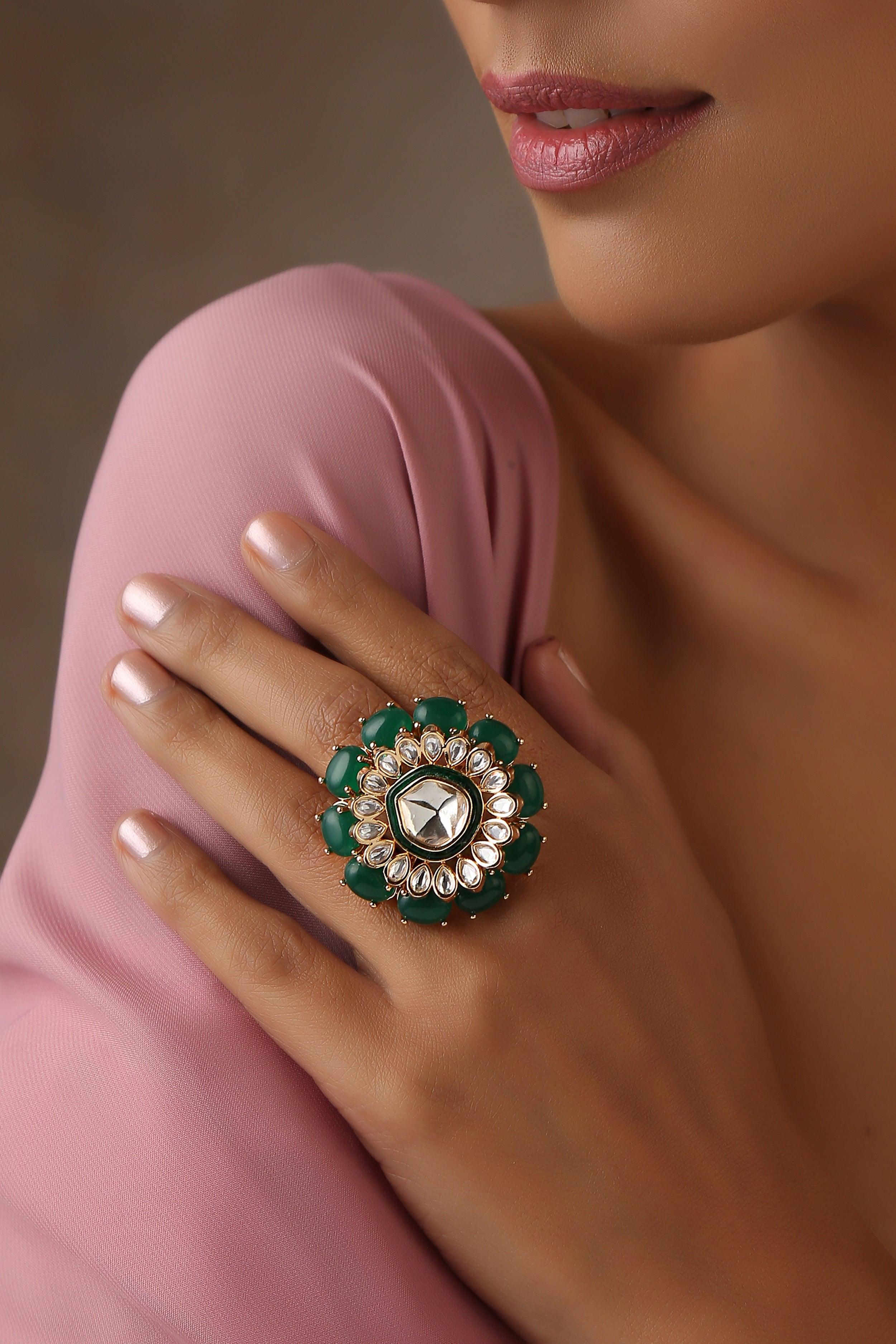 Green Rose Gold Polki Ring - Dyulokha