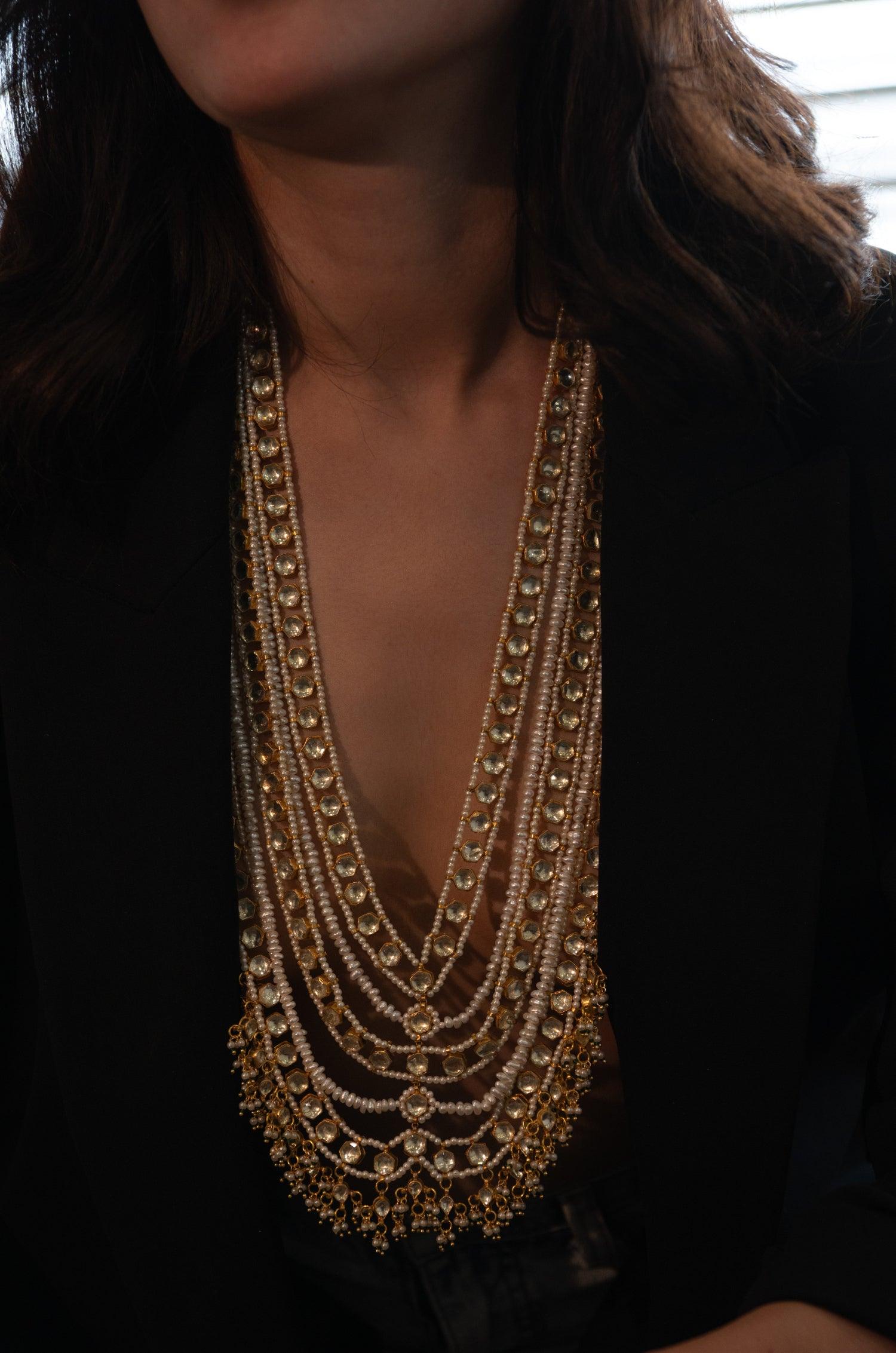 Pearl Kundan Cascade Necklace - Dyulokha