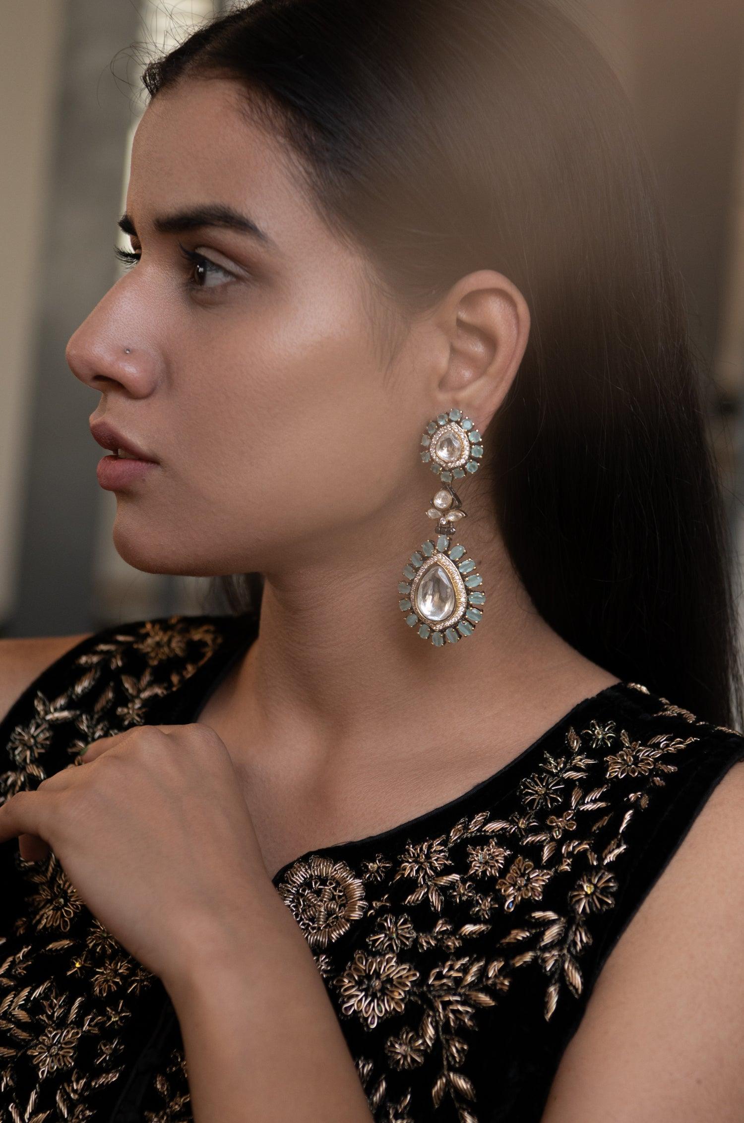 Turquoise Polki Sparkle Earrings - Dyulokha