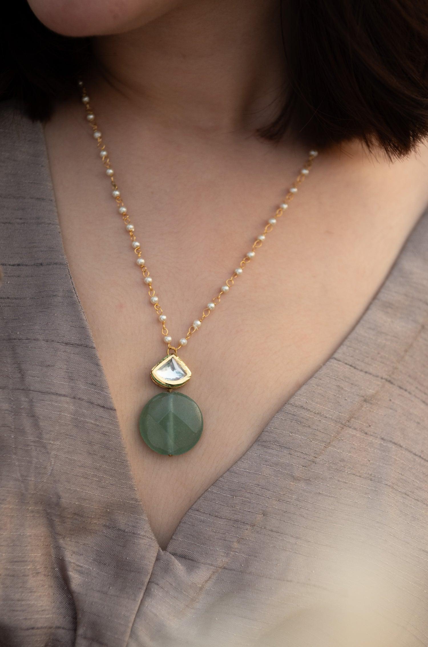 Mint Kundan Pendant Pearl Necklace - Dyulokha