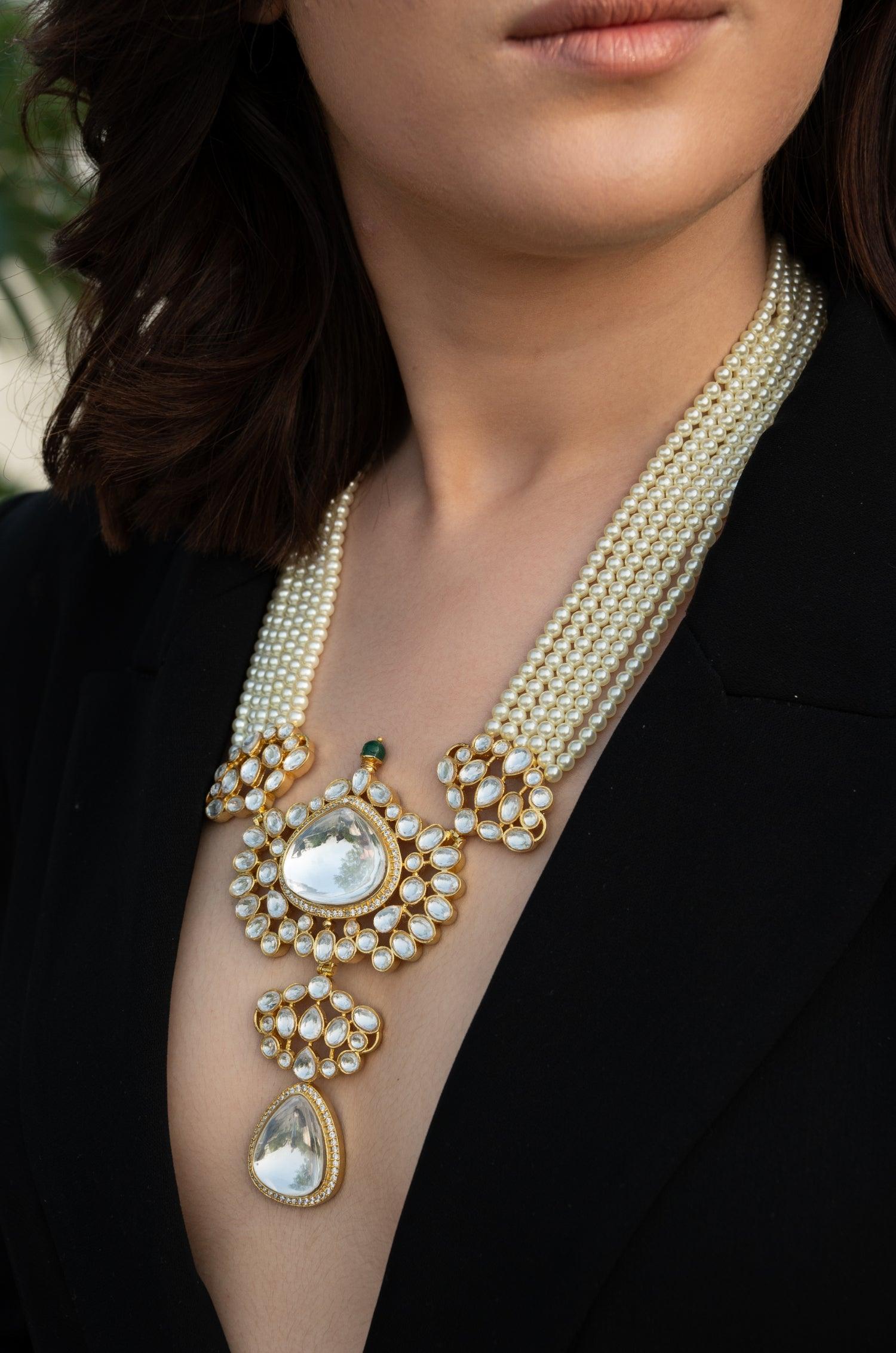 Sparkling CZ Polki & Pearl Ensemble Set - Dyulokha