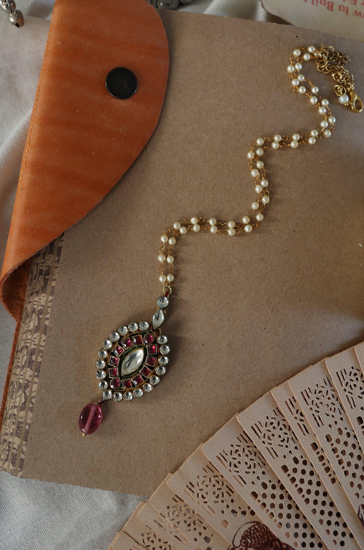 Red Kundan Pendant Pearl Necklace - Dyulokha