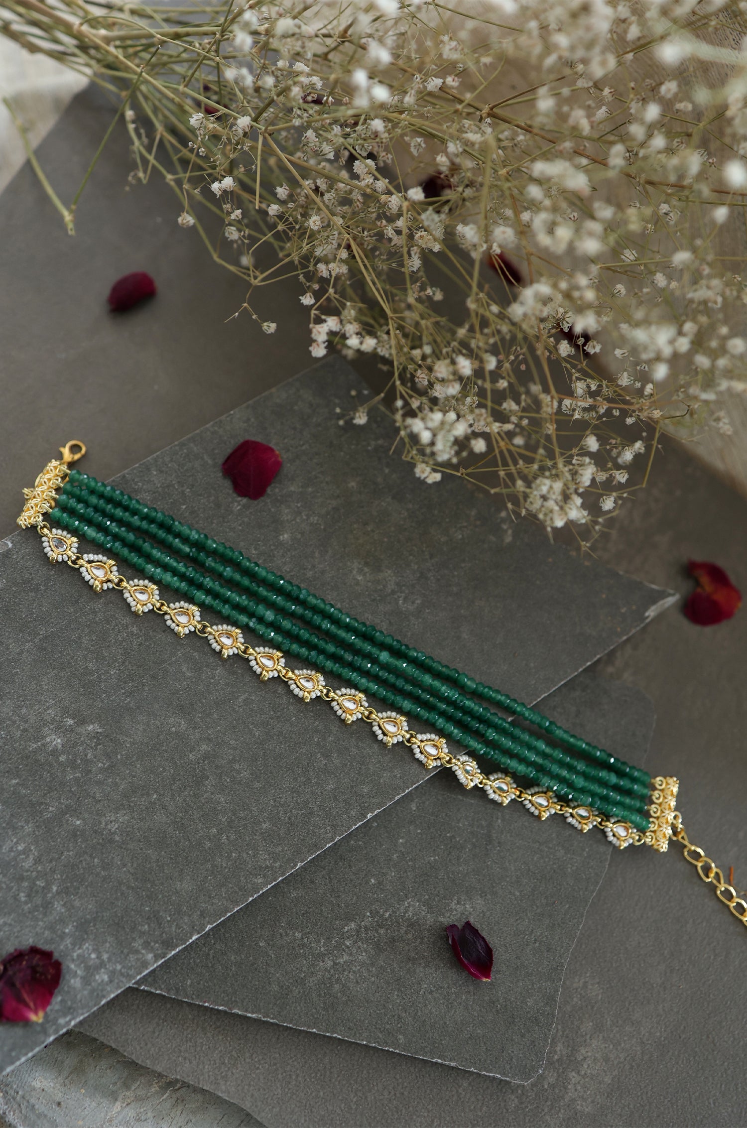 Kundan Motif Green Onyx Necklace