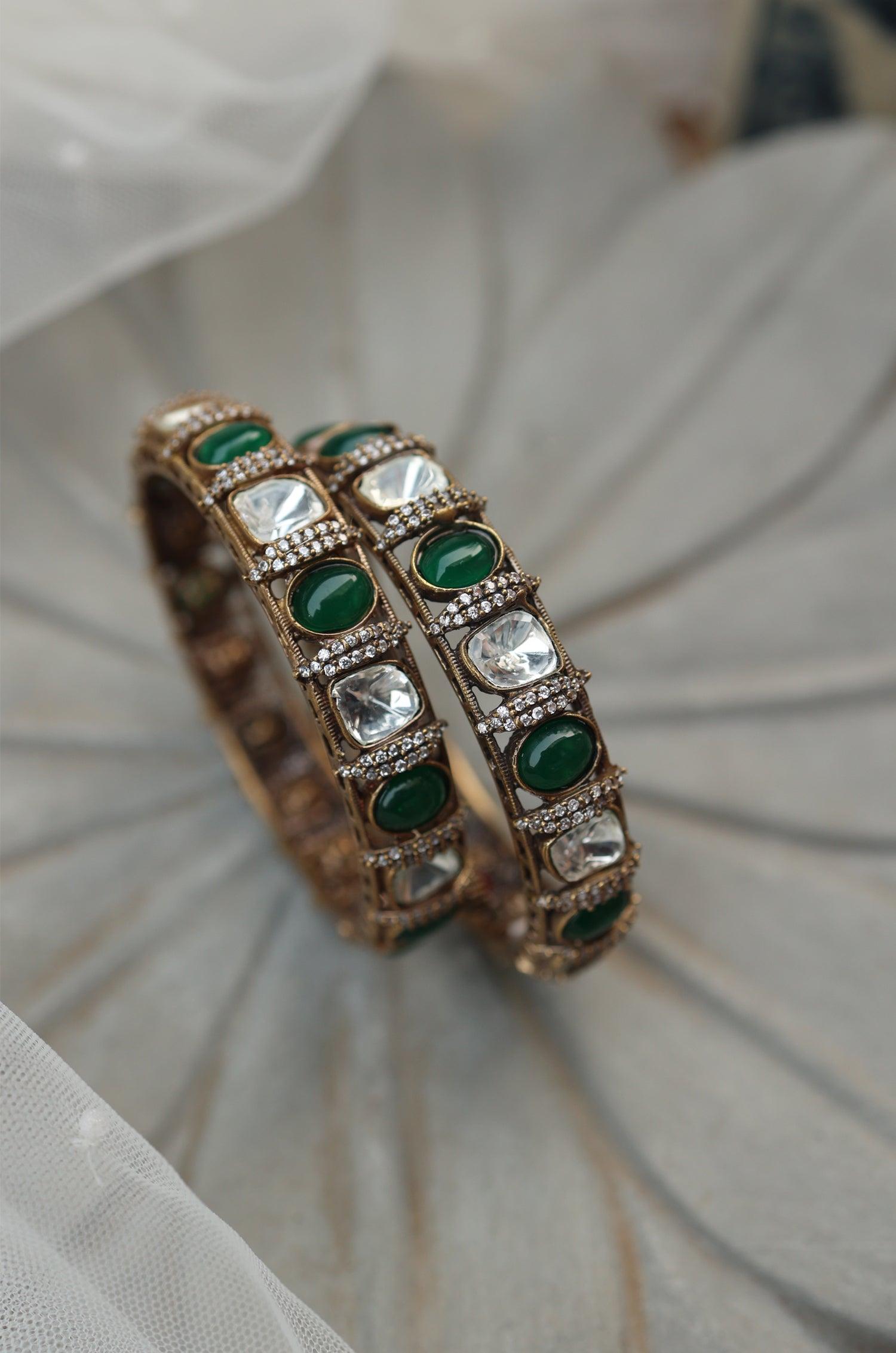 Green Polki Splendor Bangles - Dyulokha