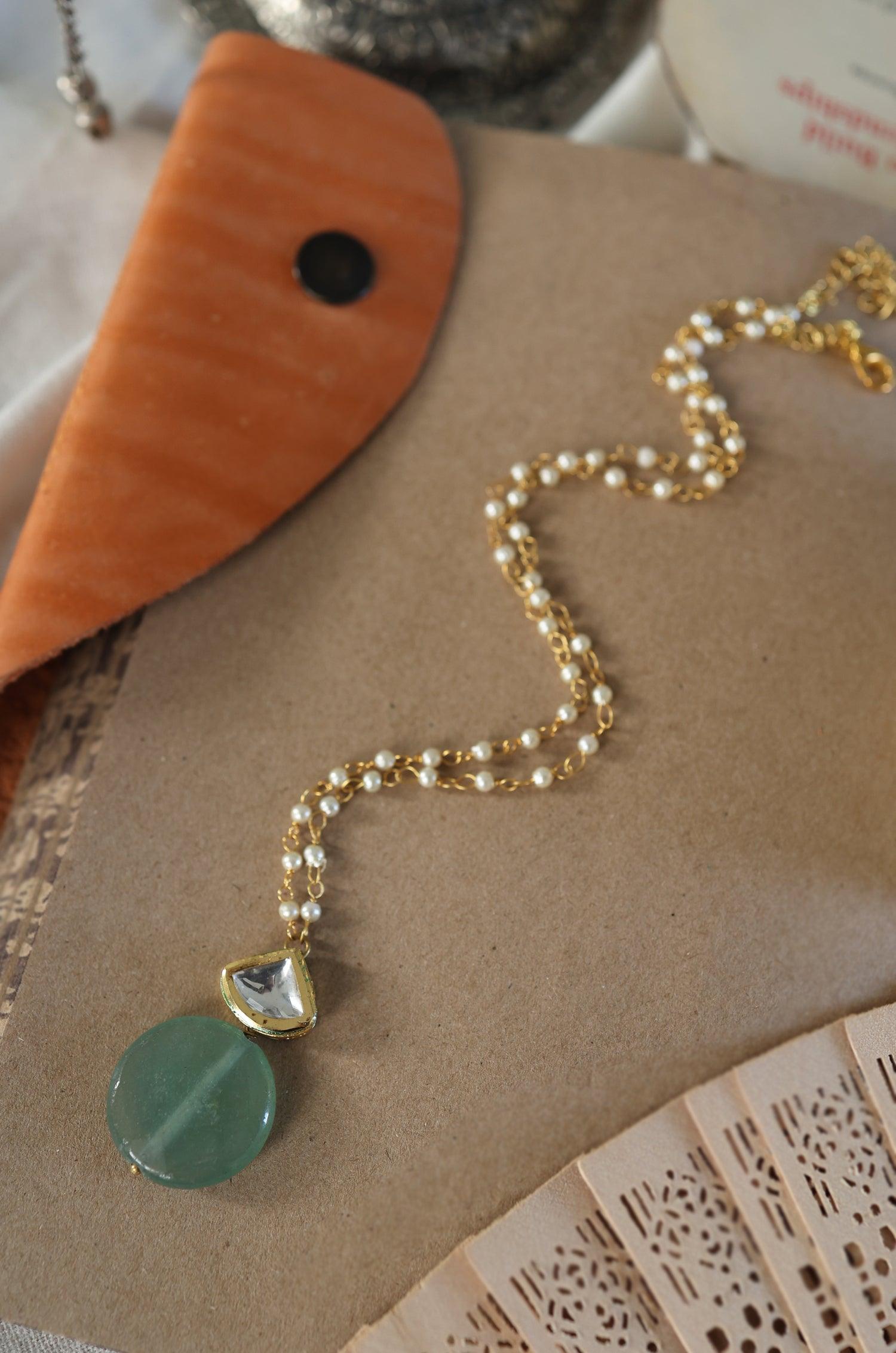 Mint Kundan Pendant Pearl Necklace - Dyulokha