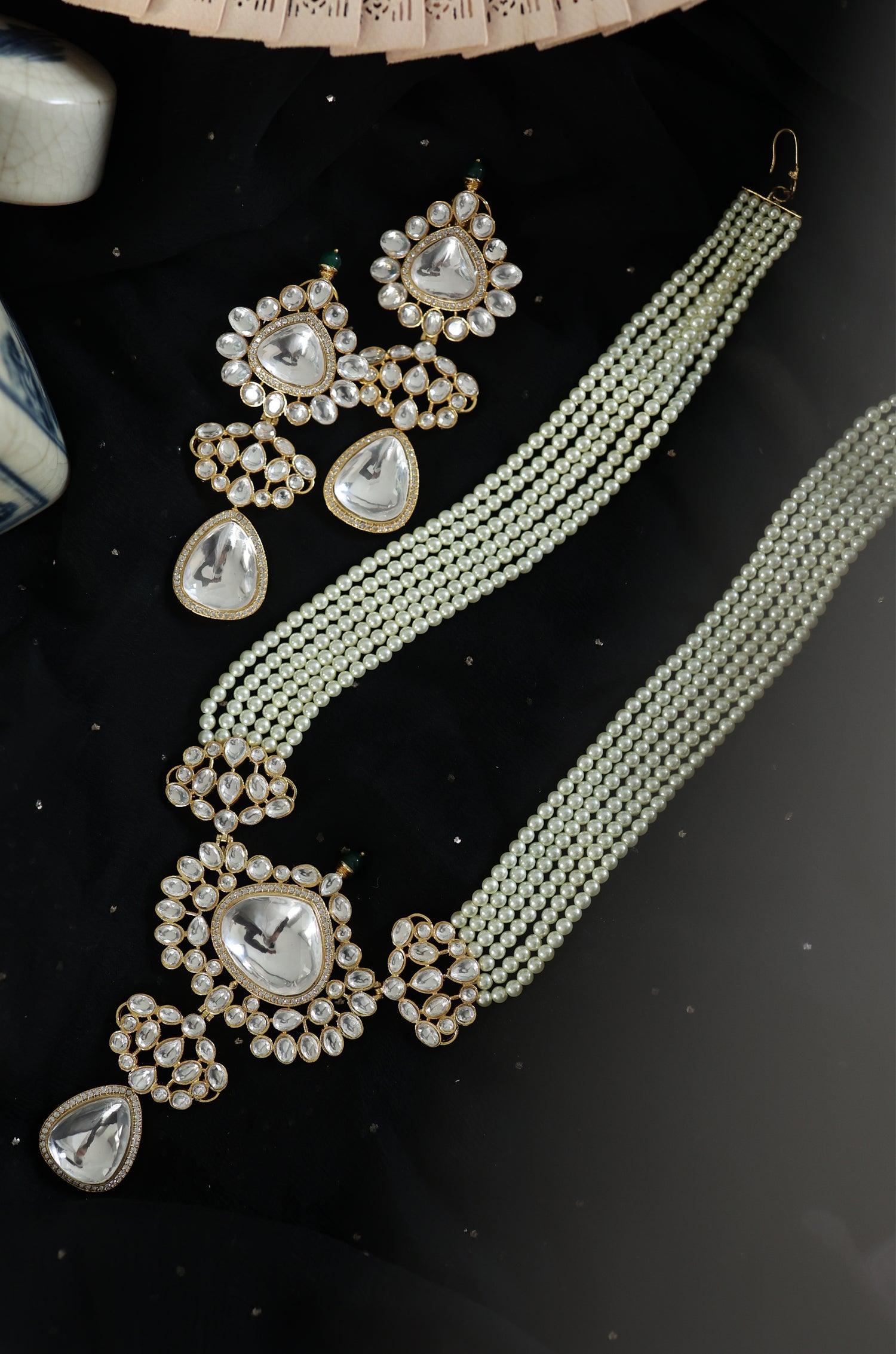 Sparkling CZ Polki & Pearl Ensemble Set - Dyulokha