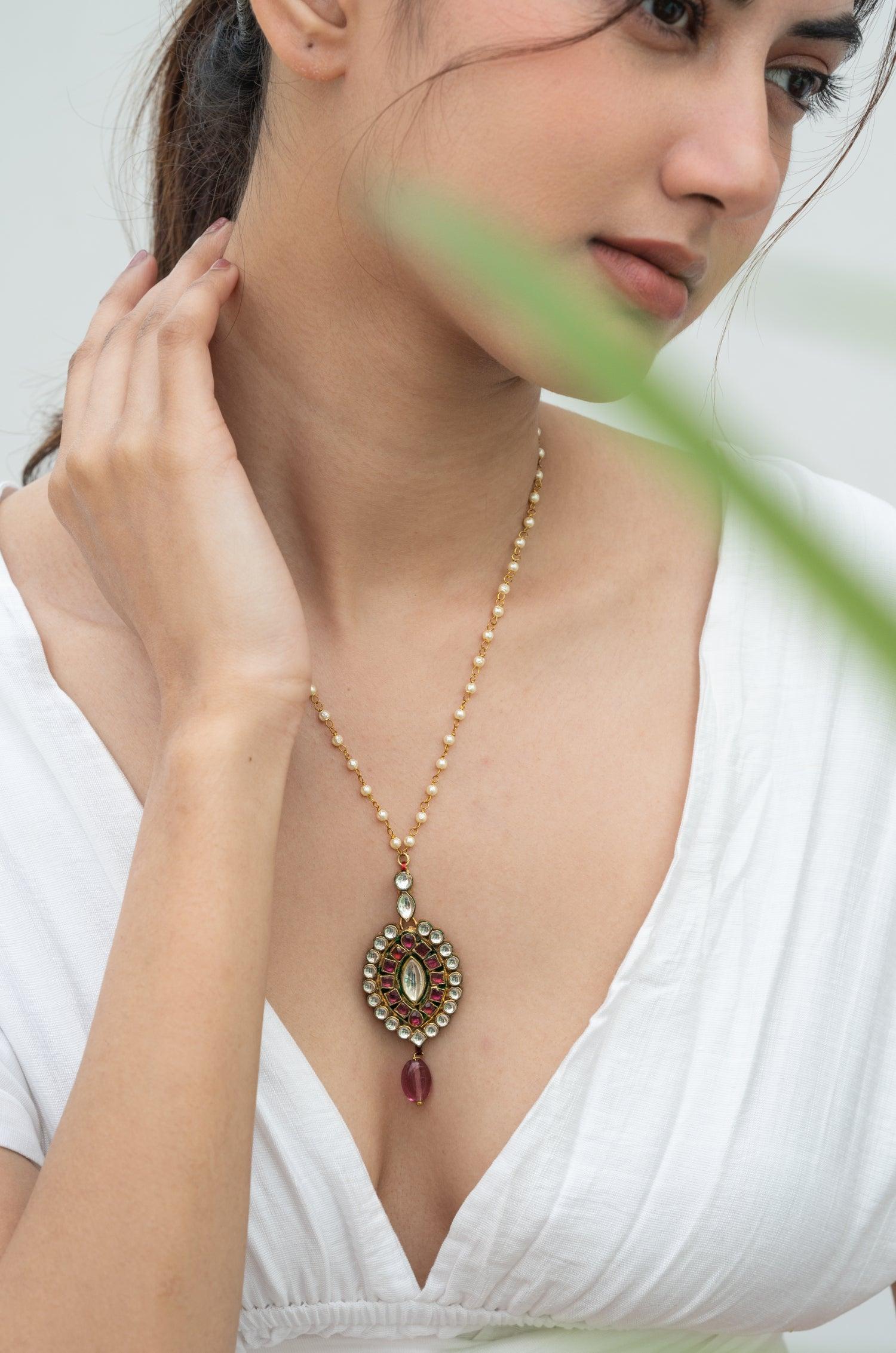 Red Kundan Pendant Pearl Necklace - Dyulokha